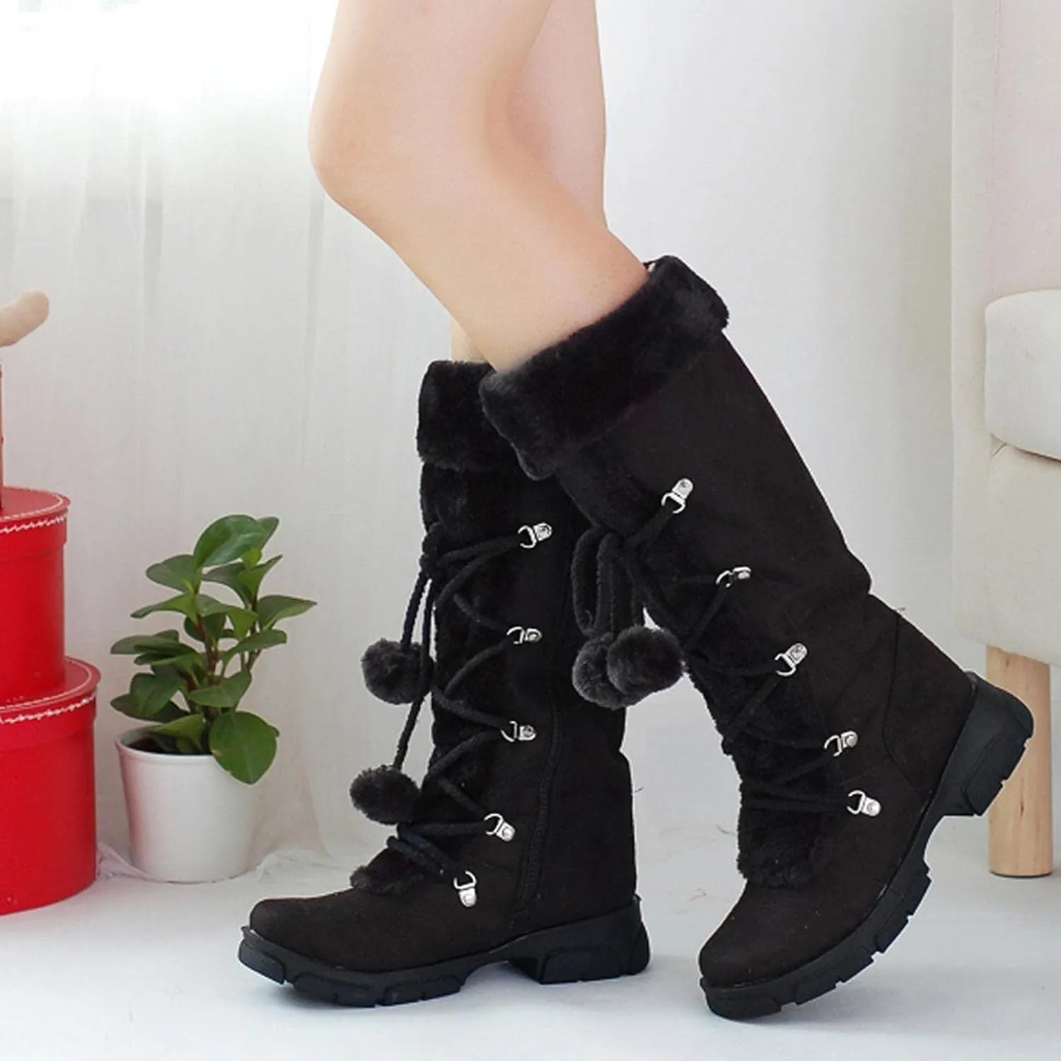 Hbeylia Mid Calf Winter Snow Boots For Women Girls Fashion Plush Fur Lined Suede Lace Up Round Toe Chunky Block Mid Heels Motorcycle Riding Combat Boots Thermal Fleece Lining Fuzzy Dress Tall Boots