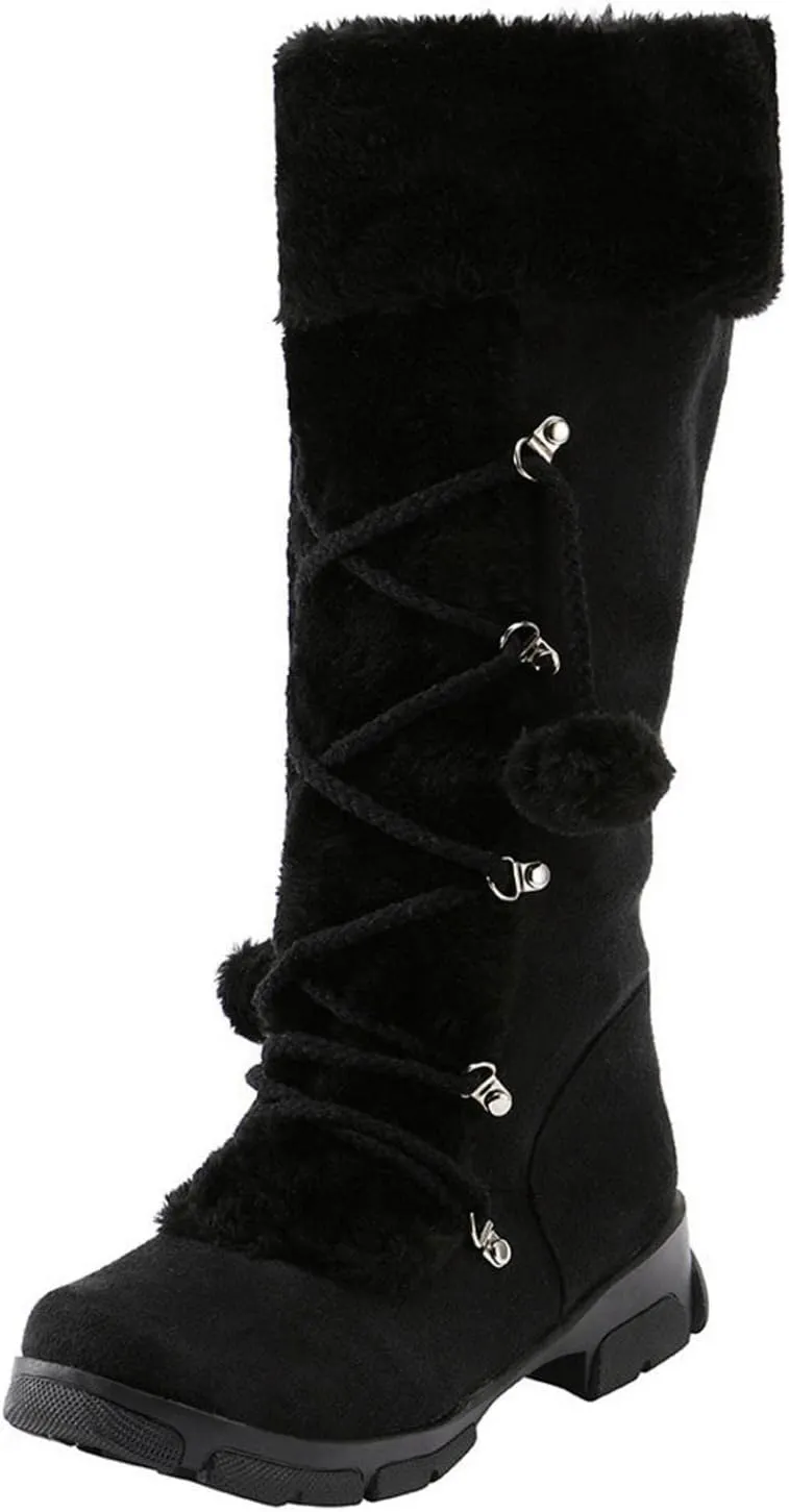 Hbeylia Mid Calf Winter Snow Boots For Women Girls Fashion Plush Fur Lined Suede Lace Up Round Toe Chunky Block Mid Heels Motorcycle Riding Combat Boots Thermal Fleece Lining Fuzzy Dress Tall Boots