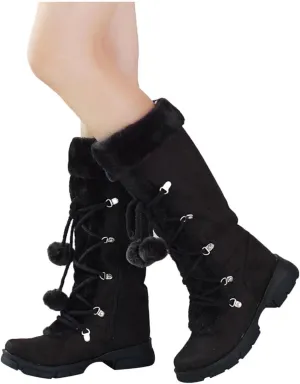 Hbeylia Mid Calf Winter Snow Boots For Women Girls Fashion Plush Fur Lined Suede Lace Up Round Toe Chunky Block Mid Heels Motorcycle Riding Combat Boots Thermal Fleece Lining Fuzzy Dress Tall Boots
