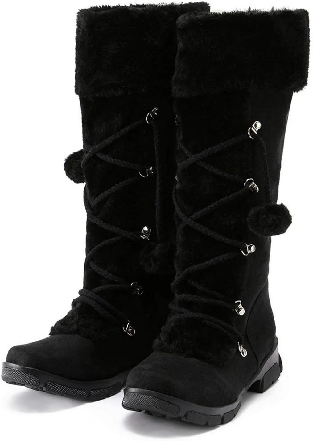 Hbeylia Mid Calf Winter Snow Boots For Women Girls Fashion Plush Fur Lined Suede Lace Up Round Toe Chunky Block Mid Heels Motorcycle Riding Combat Boots Thermal Fleece Lining Fuzzy Dress Tall Boots