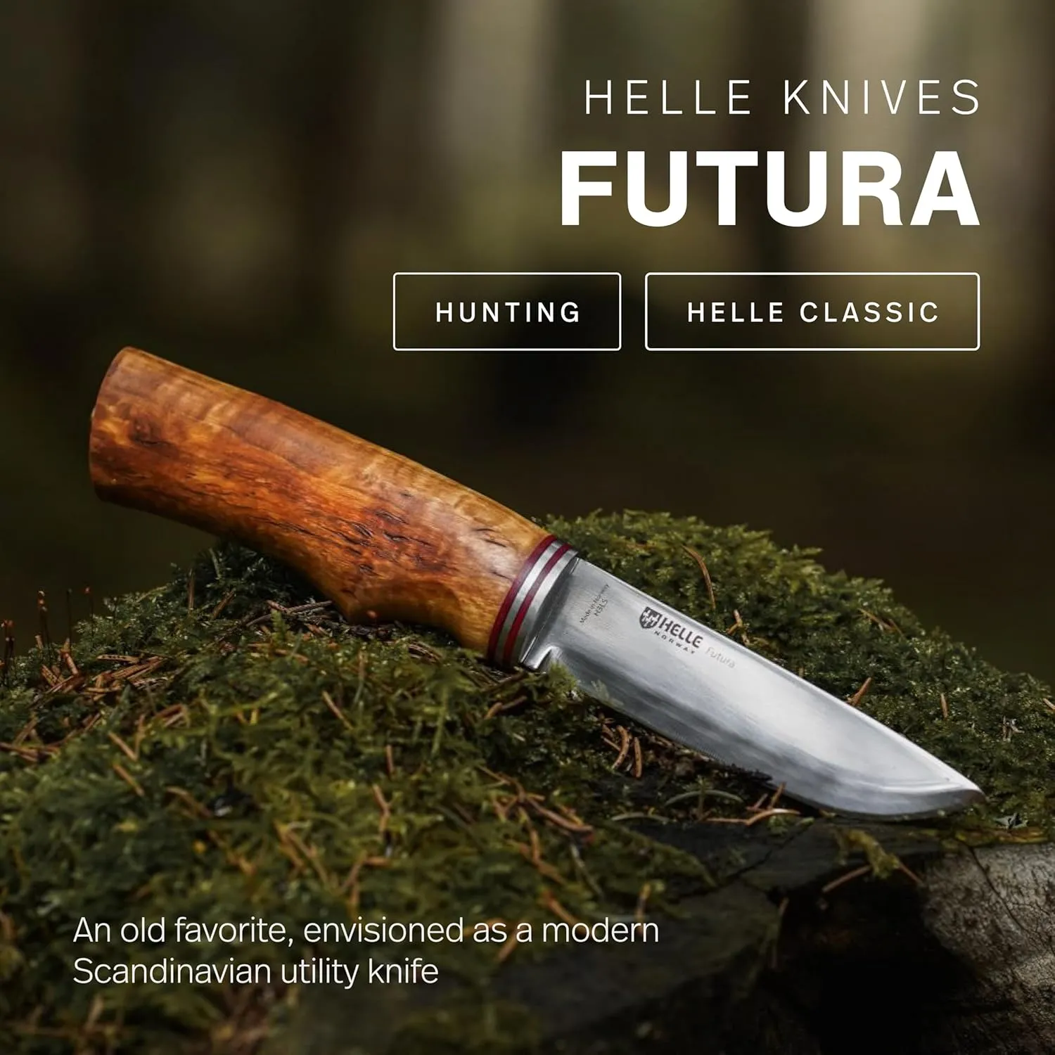 HELLE Knives - Futura - Outdoor Adventure Camping Knife with Sheath, Triple Laminated Stainless Steel Fixed Blade, Curly Birch Handle, Made in Norway