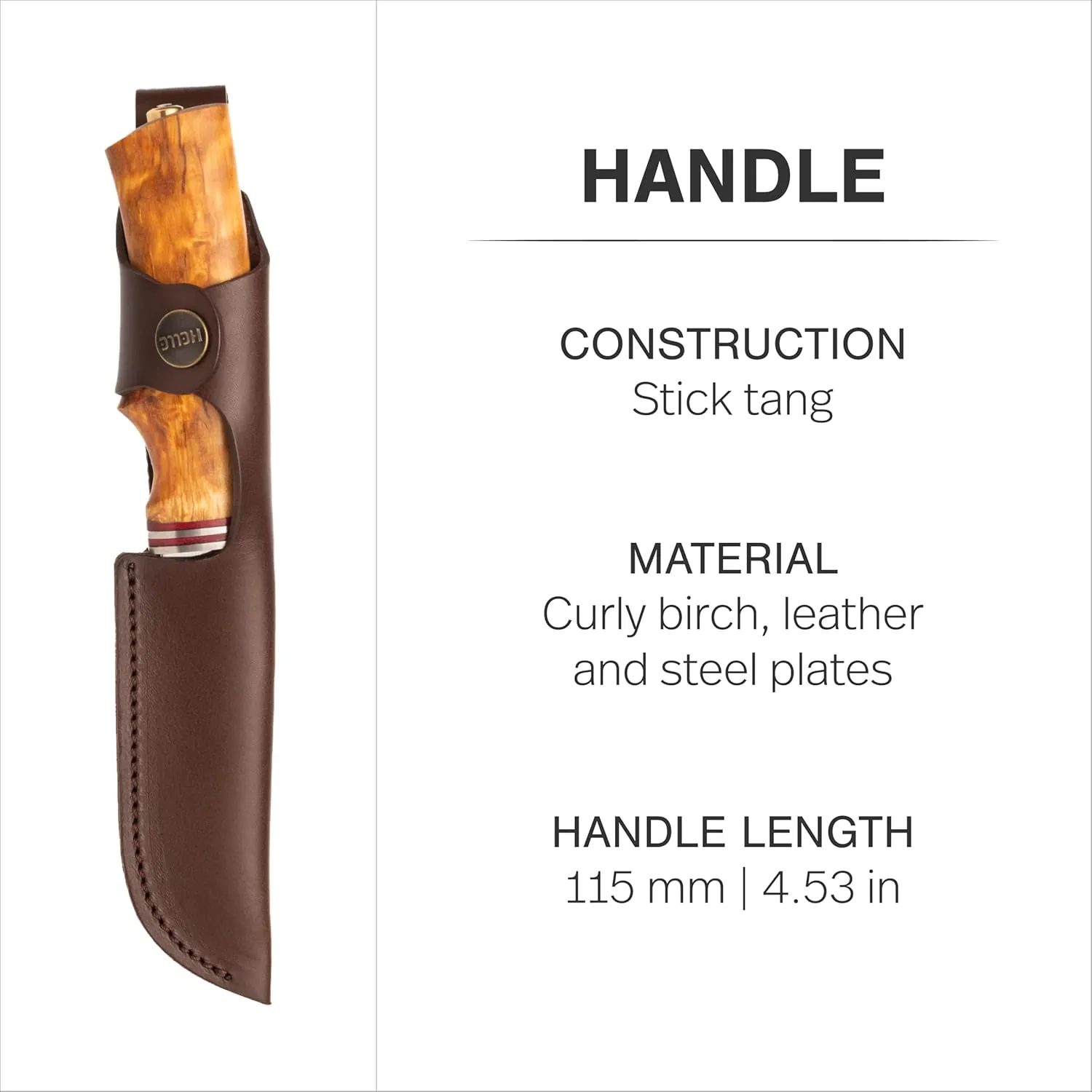 HELLE Knives - Futura - Outdoor Adventure Camping Knife with Sheath, Triple Laminated Stainless Steel Fixed Blade, Curly Birch Handle, Made in Norway