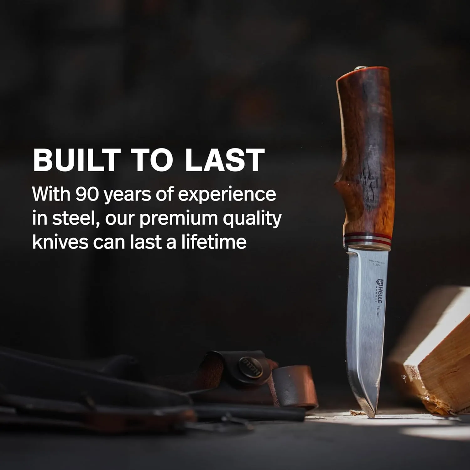 HELLE Knives - Futura - Outdoor Adventure Camping Knife with Sheath, Triple Laminated Stainless Steel Fixed Blade, Curly Birch Handle, Made in Norway