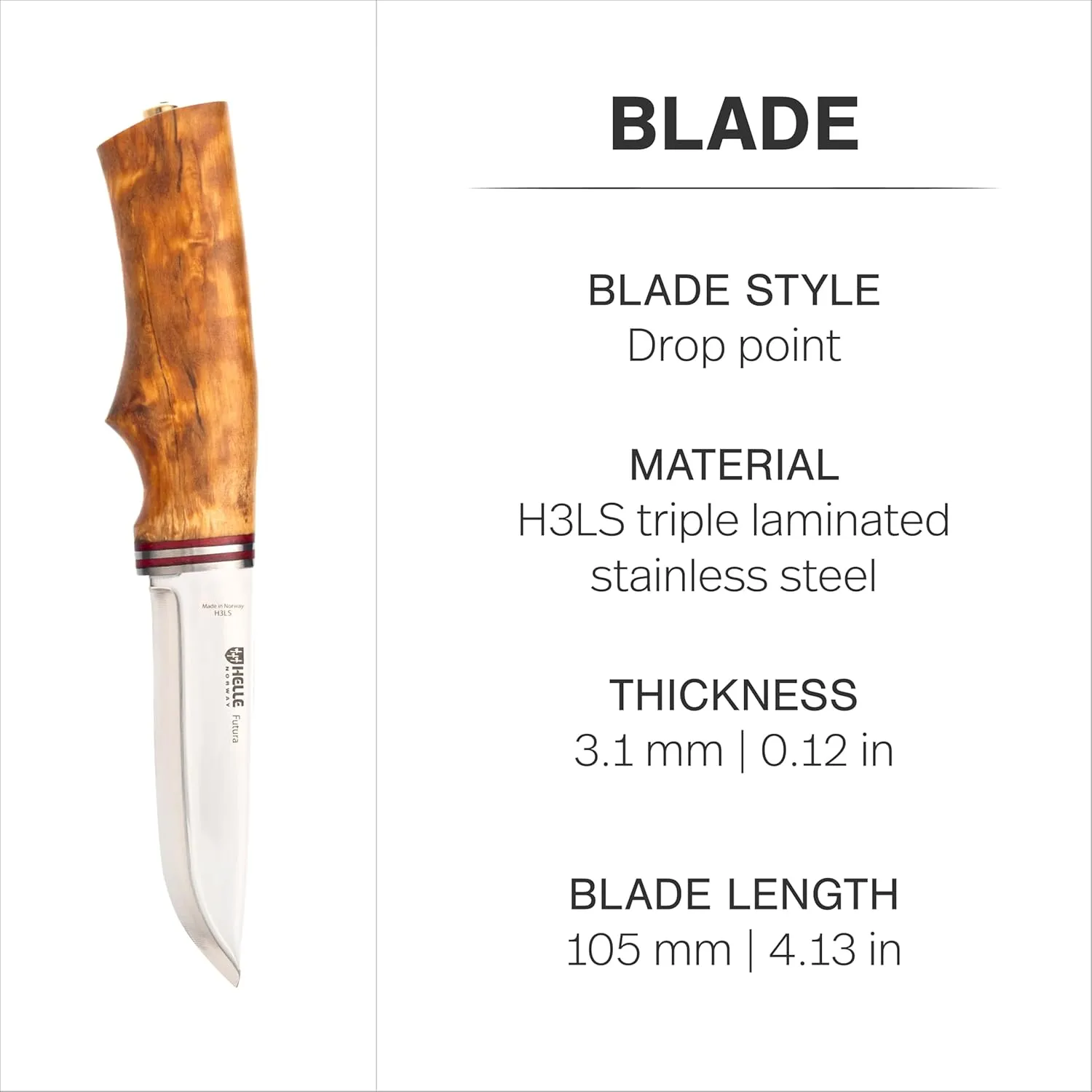 HELLE Knives - Futura - Outdoor Adventure Camping Knife with Sheath, Triple Laminated Stainless Steel Fixed Blade, Curly Birch Handle, Made in Norway