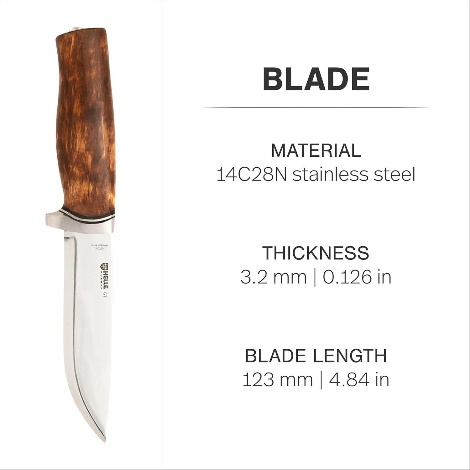 HELLE Knives - GT - Stainless Steel, Outdoor Adventure Camping Knife with Sheath, Stick Tang Fixed Blade, Curly Birch Handle, Made in Norway