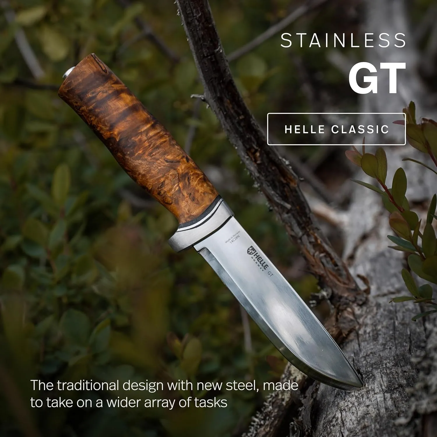 HELLE Knives - GT - Stainless Steel, Outdoor Adventure Camping Knife with Sheath, Stick Tang Fixed Blade, Curly Birch Handle, Made in Norway
