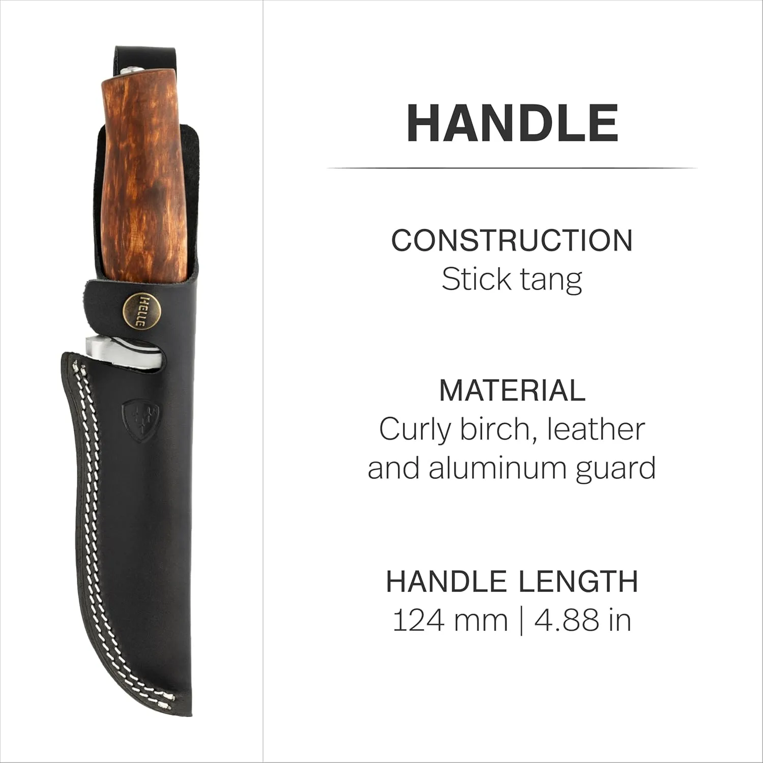 HELLE Knives - GT - Stainless Steel, Outdoor Adventure Camping Knife with Sheath, Stick Tang Fixed Blade, Curly Birch Handle, Made in Norway
