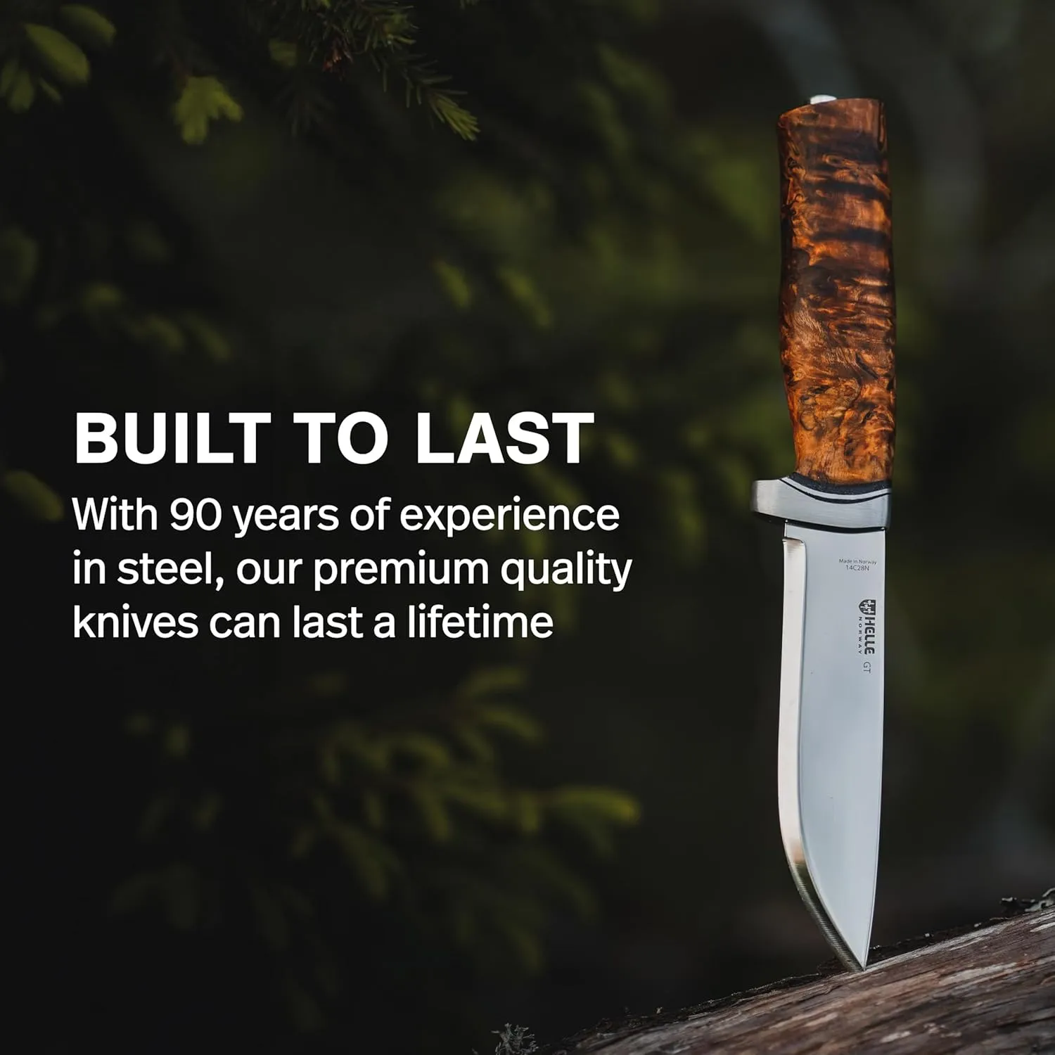 HELLE Knives - GT - Stainless Steel, Outdoor Adventure Camping Knife with Sheath, Stick Tang Fixed Blade, Curly Birch Handle, Made in Norway