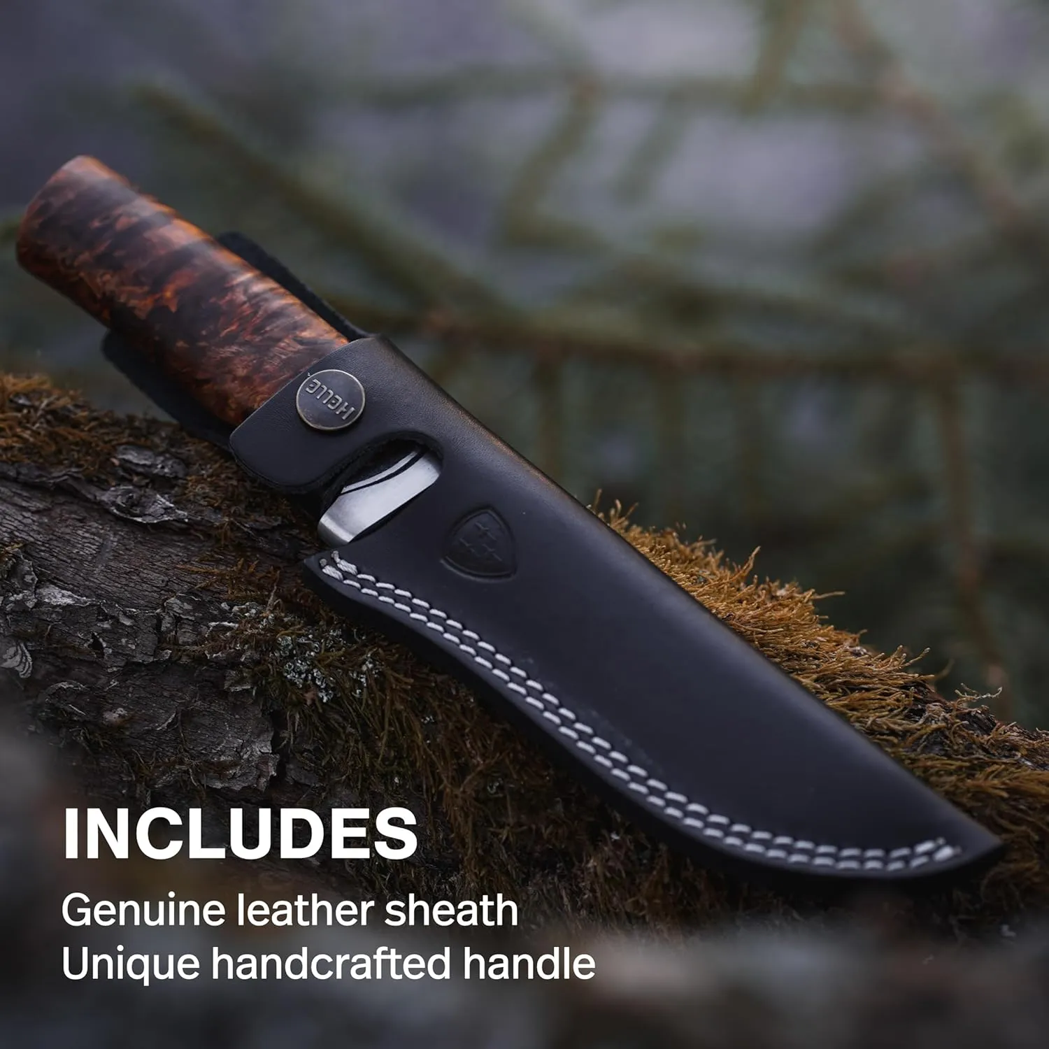 HELLE Knives - GT - Stainless Steel, Outdoor Adventure Camping Knife with Sheath, Stick Tang Fixed Blade, Curly Birch Handle, Made in Norway