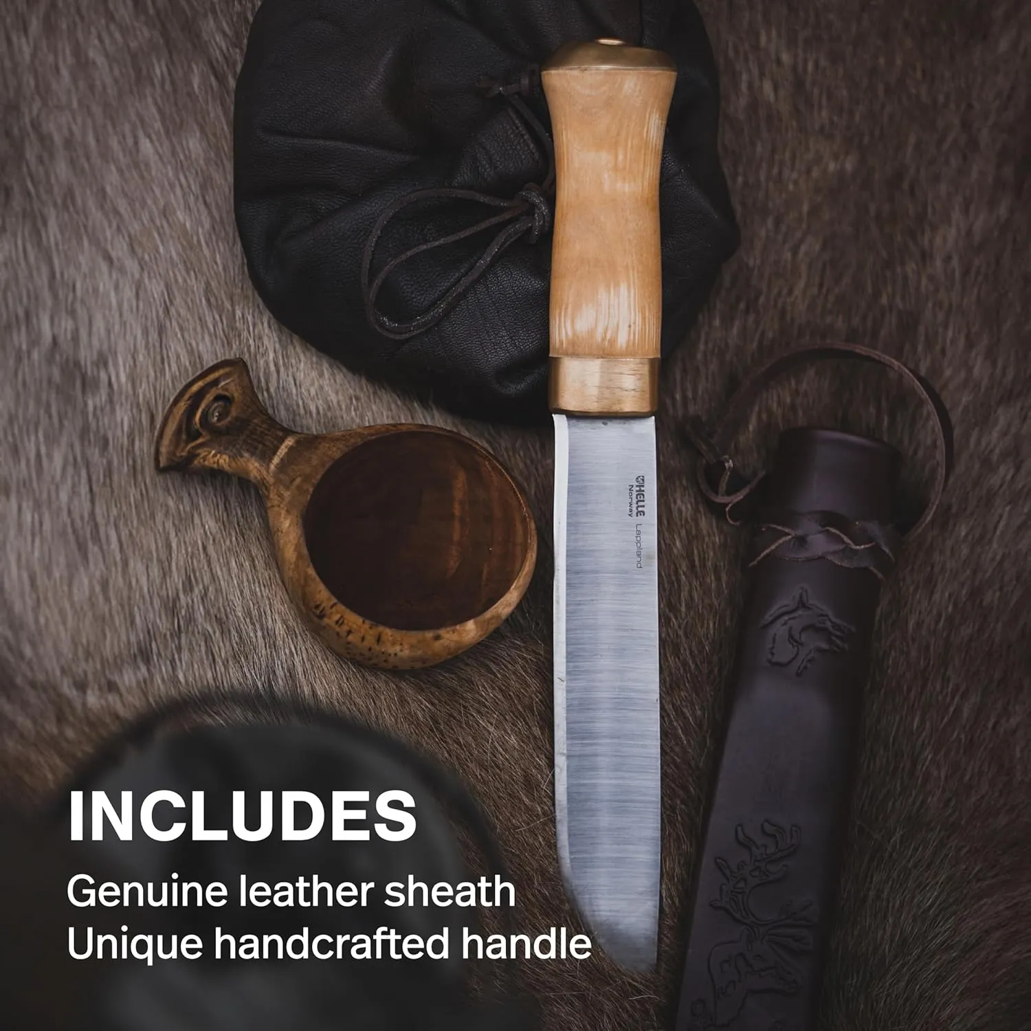 HELLE Knives - Lappland - Traditional Nordic Utility Knife - 8.4" Sandvik Stainless Steel Blade with Birch Handle and Leather Sheath - Made in Norway
