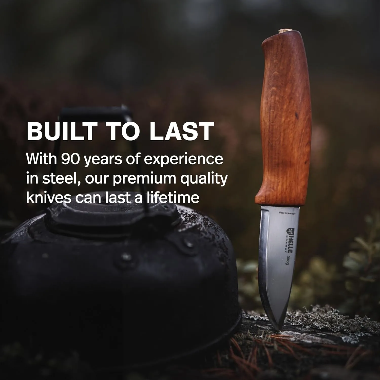 HELLE Skog - Carving Knife, Stick Tang Stainless Steel Fixed Blade with Sheath, Curly Birch Handle, Made in Norway
