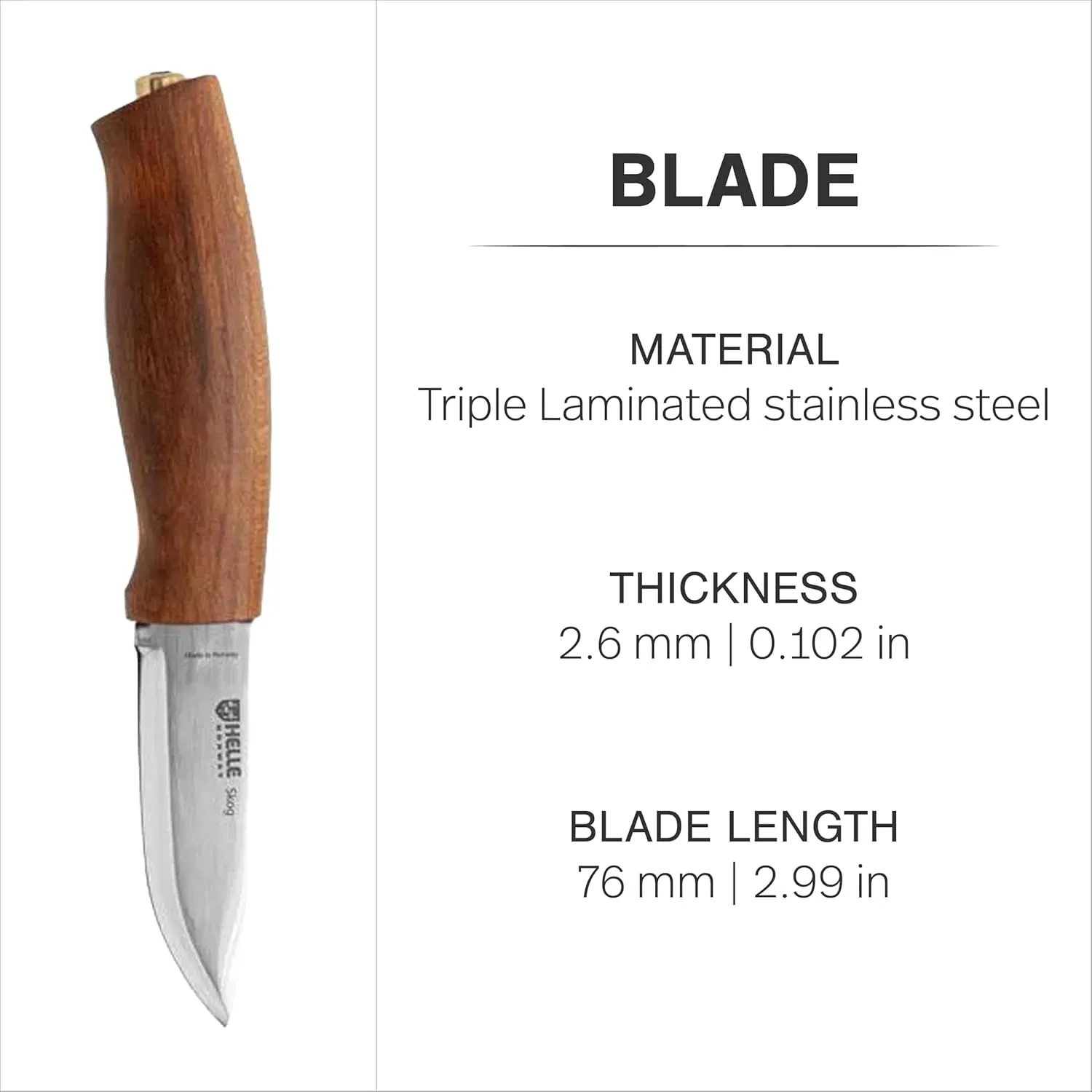 HELLE Skog - Carving Knife, Stick Tang Stainless Steel Fixed Blade with Sheath, Curly Birch Handle, Made in Norway