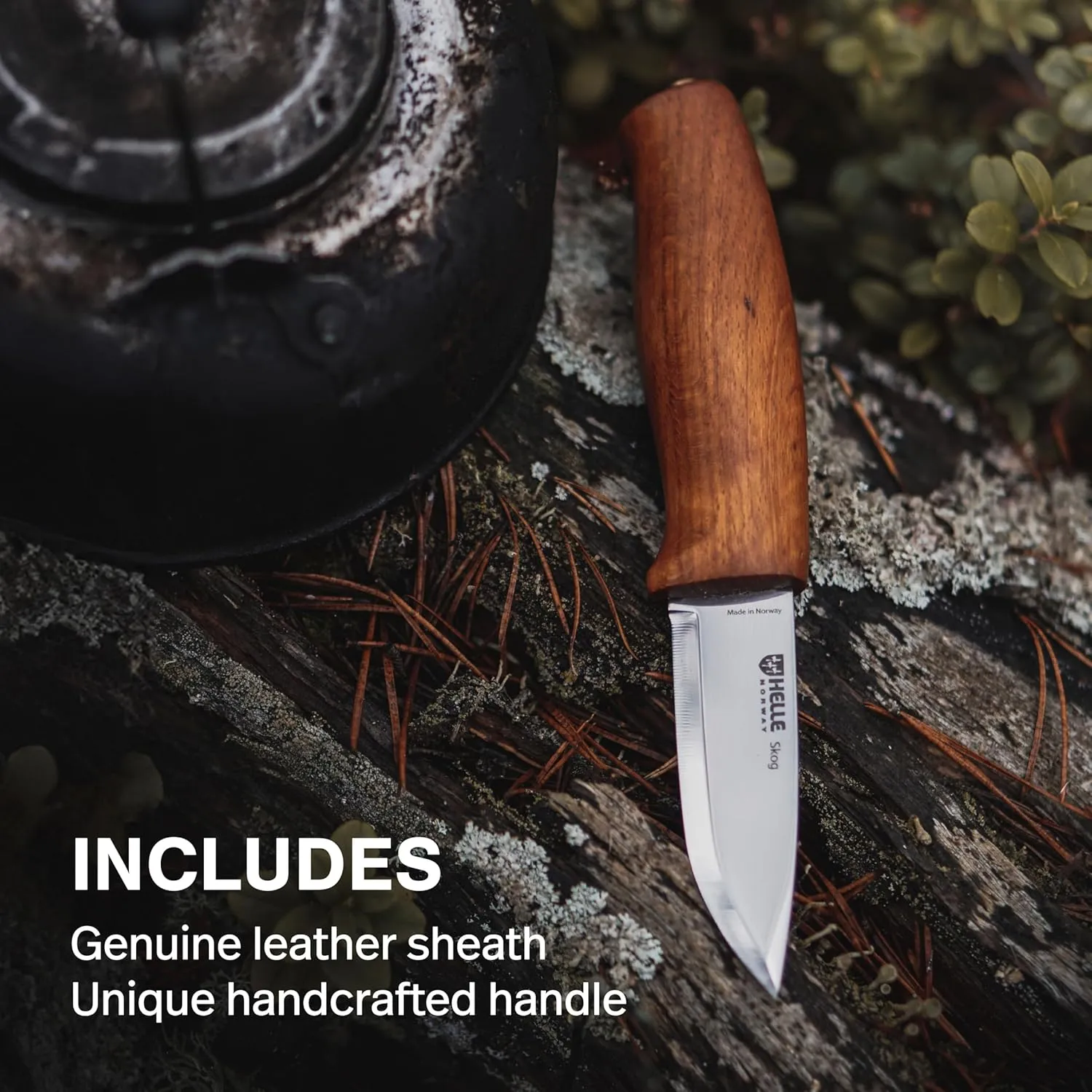 HELLE Skog - Carving Knife, Stick Tang Stainless Steel Fixed Blade with Sheath, Curly Birch Handle, Made in Norway
