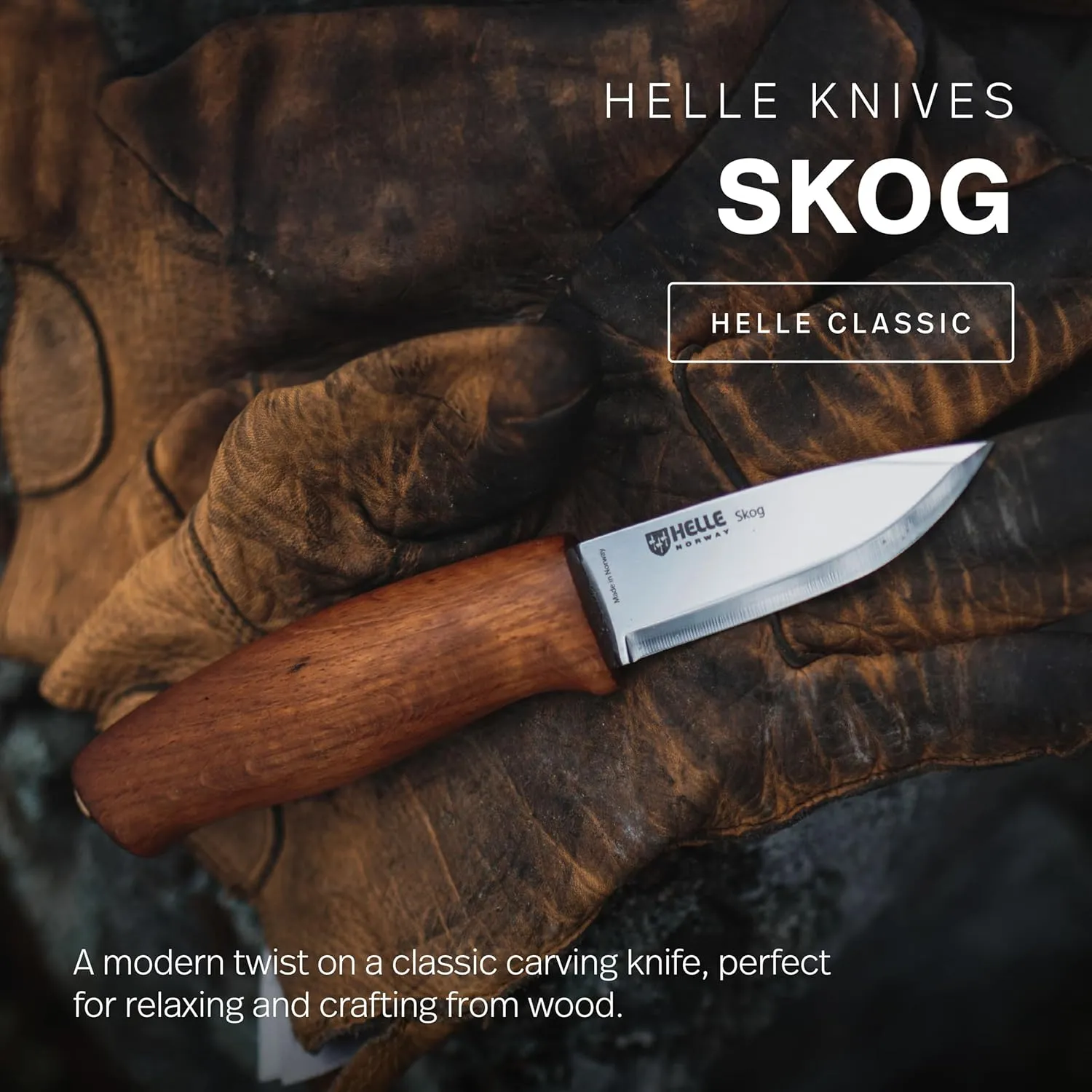 HELLE Skog - Carving Knife, Stick Tang Stainless Steel Fixed Blade with Sheath, Curly Birch Handle, Made in Norway
