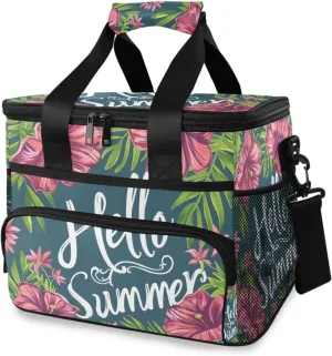 Hello Summer Flower Palm Plant Cooler Bag Insulated Cooler Soft Sided Cooler 24 Can Portable Picnic Bag Large Leakproof Lunch Bag Box for Beach Grocery Camping Travel Car Men Women