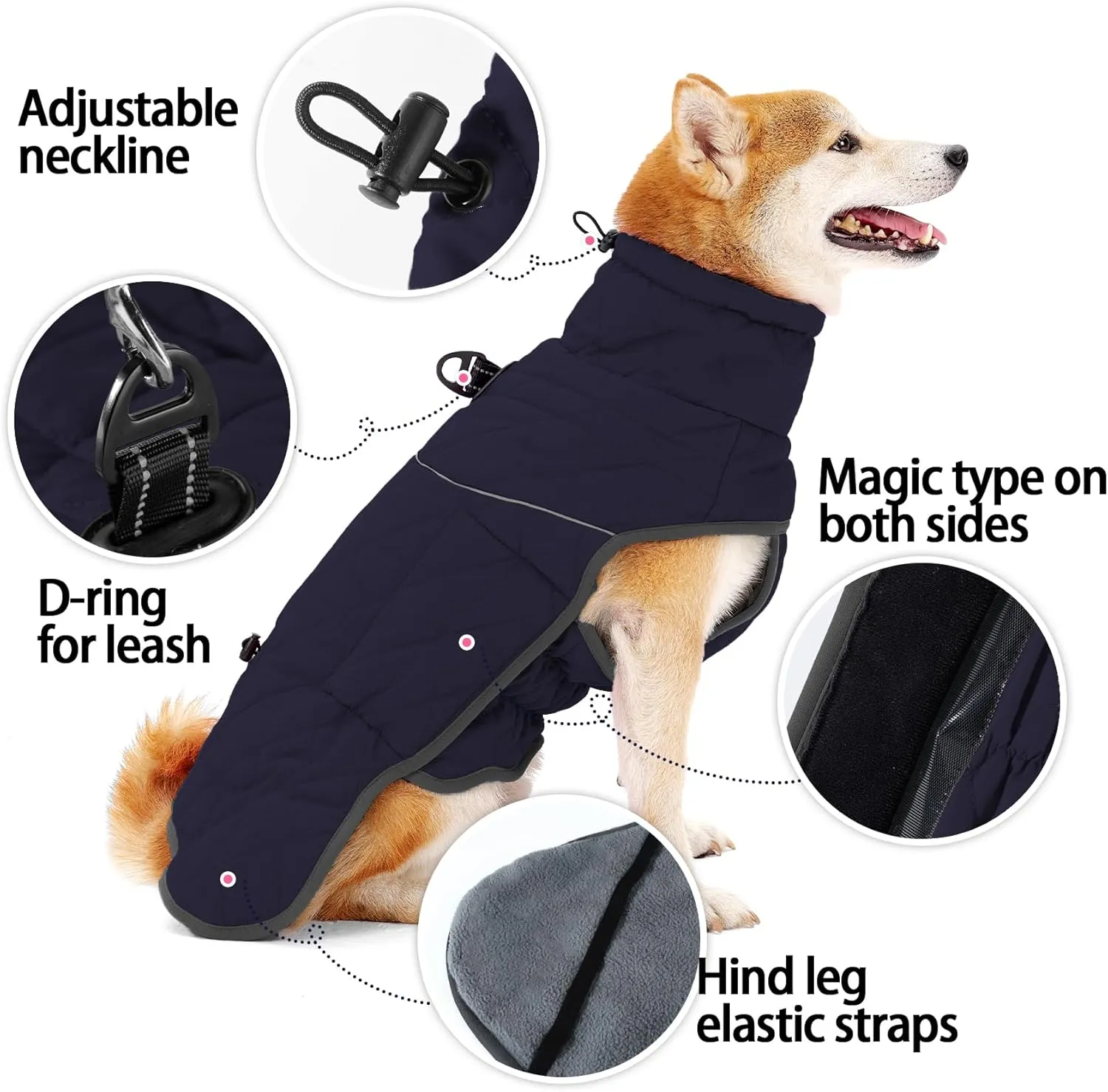 HEYWEAN Dog Winter Coat Reflective Jacket Waterproof & Windproof Fleece with Built-in Harness for Large Dogs Ideal for Cold Weather Blue Medium