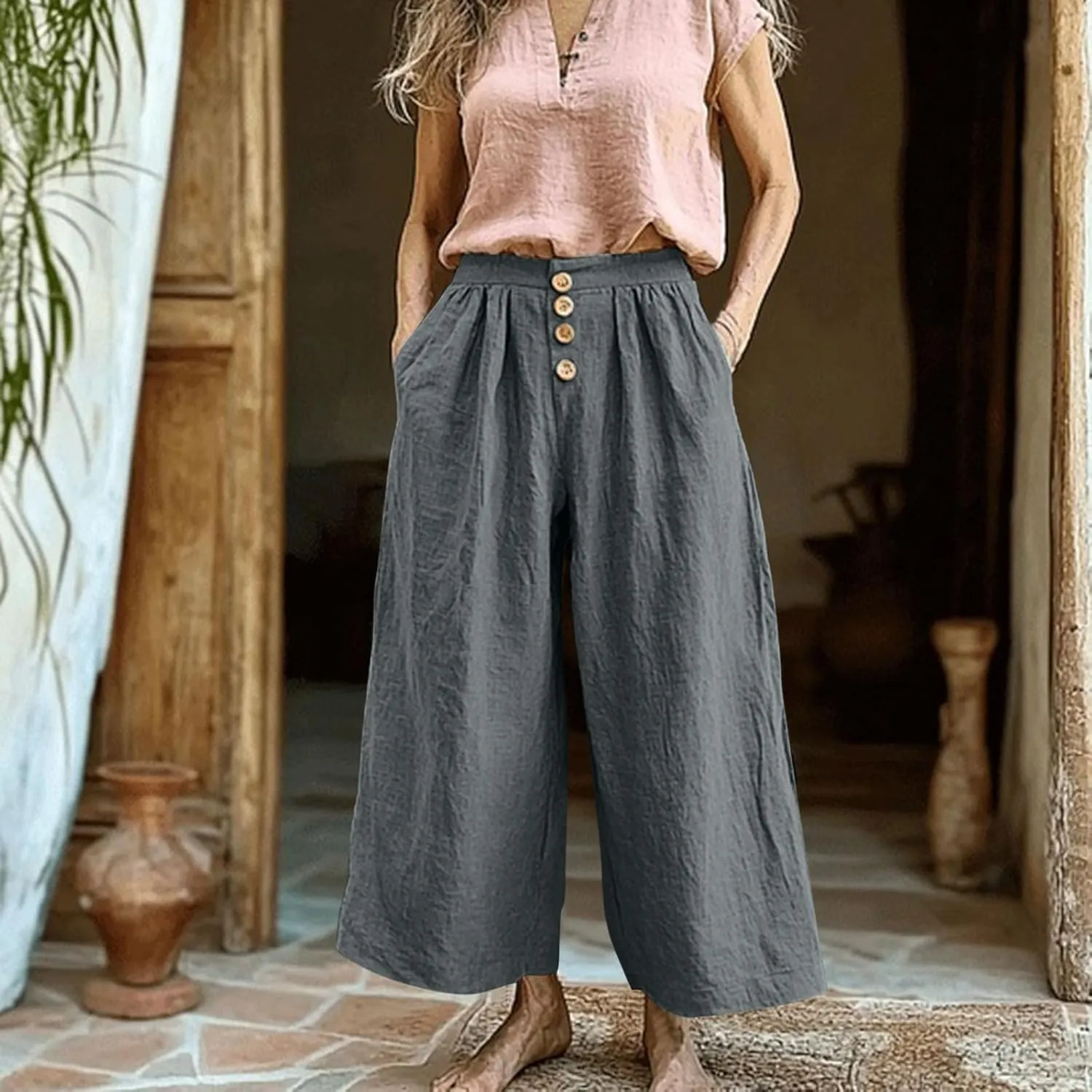 HGps8w Women's Cotton Linen Cropped Palazzo Pants Trendy Wide Leg Summer Loose High Waisted Lounge Trousers with Pockets