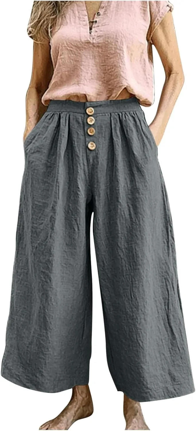 HGps8w Women's Cotton Linen Cropped Palazzo Pants Trendy Wide Leg Summer Loose High Waisted Lounge Trousers with Pockets