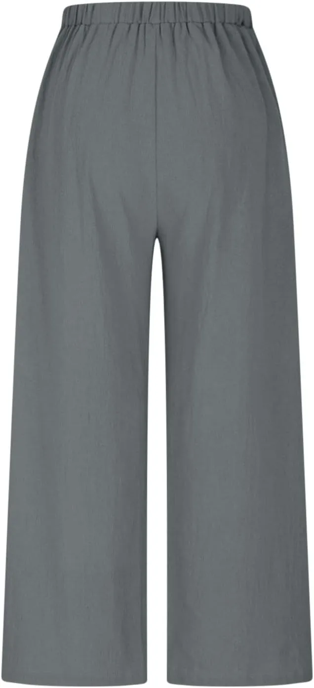 HGps8w Women's Cotton Linen Cropped Palazzo Pants Trendy Wide Leg Summer Loose High Waisted Lounge Trousers with Pockets