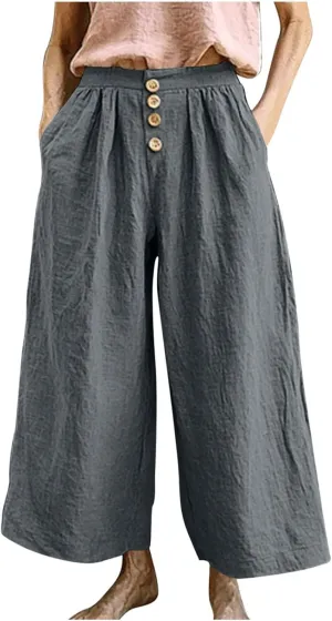 HGps8w Women's Cotton Linen Cropped Palazzo Pants Trendy Wide Leg Summer Loose High Waisted Lounge Trousers with Pockets