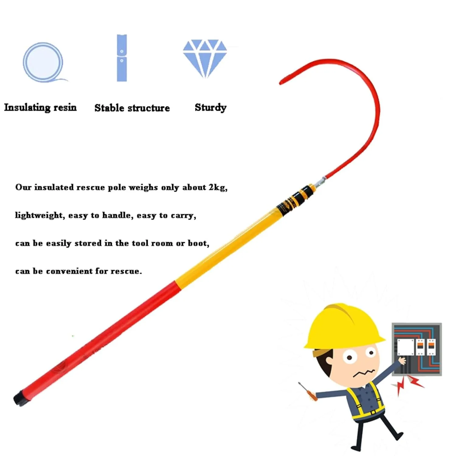 High Voltage Life Hook with 6.5/9.38ft Rescue Pole, Heavy Duty Emergency Electrocution Lifesaving Hooks 10-35kv, Strong Load-Bearing Capacity,Electrical Safety Emergency Life-Saving Tools(3m/9.8ft-2