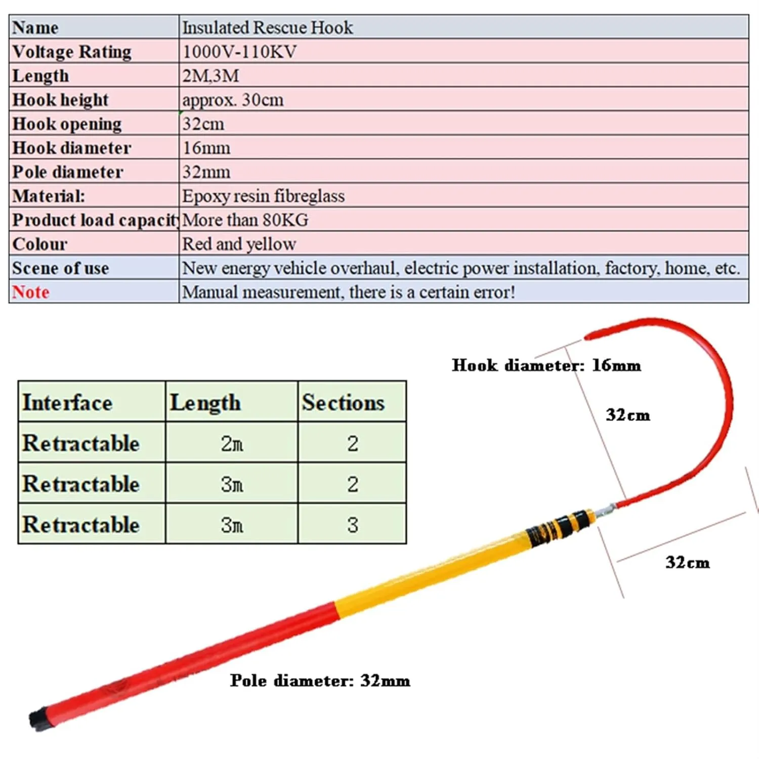 High Voltage Life Hook with 6.5/9.38ft Rescue Pole, Heavy Duty Emergency Electrocution Lifesaving Hooks 10-35kv, Strong Load-Bearing Capacity,Electrical Safety Emergency Life-Saving Tools(3m/9.8ft-2