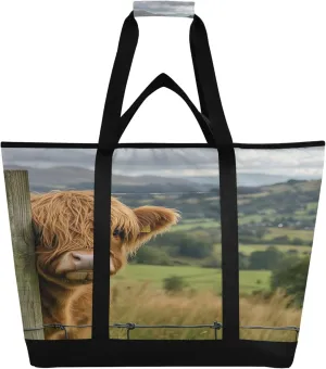 Highland Cow Reusable Insulated Cooler Bag with Ice Pack Compartment - Large 47L Waterproof Thermal Grocery Tote for Picnic Beach Camping Lunch Storage