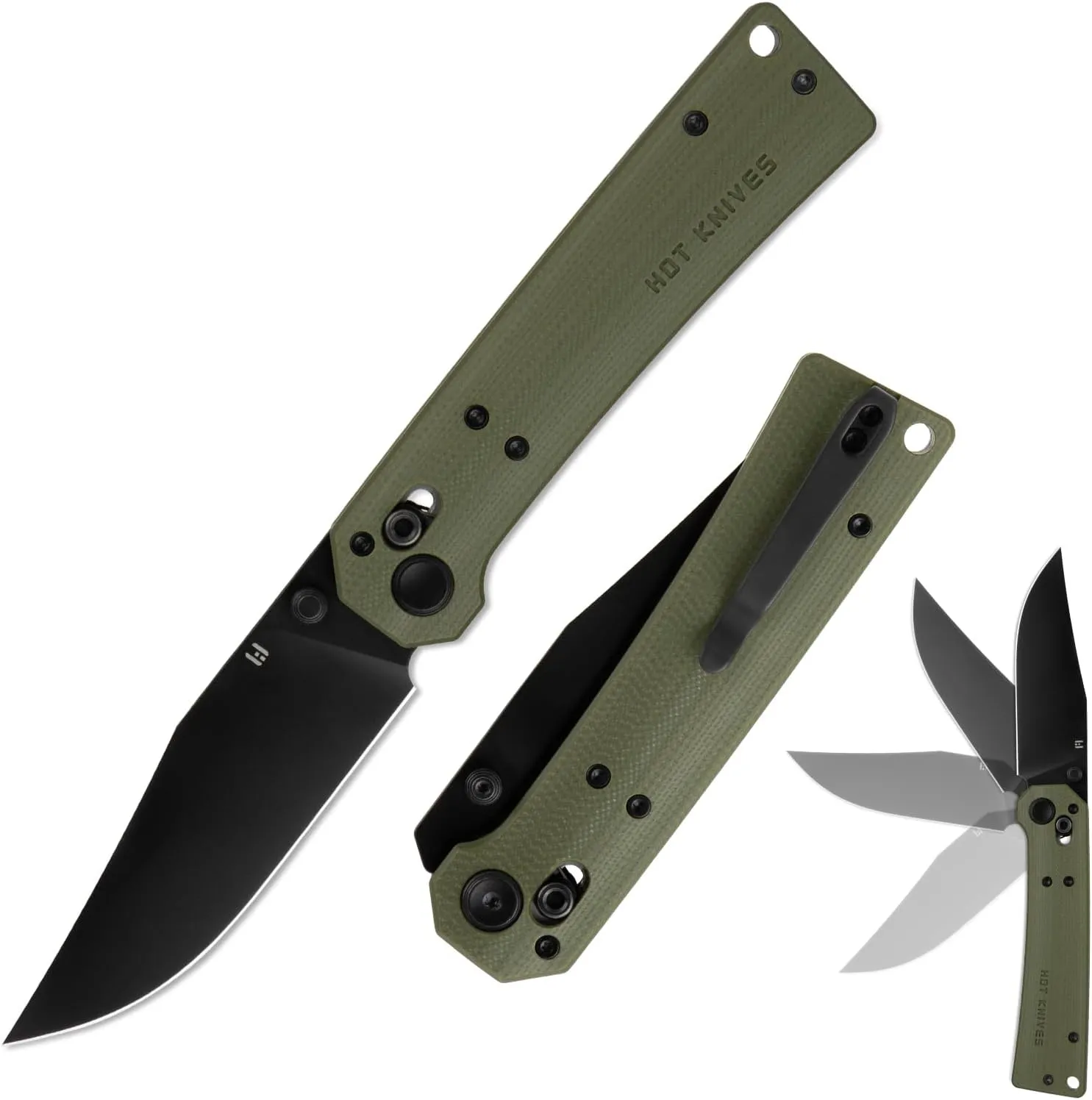 HIGHTRON Pathwright Pocket Folding Knife with 3.34"14C28N Steel Clip-Point Blade G10 Handle, Folding Knife with Clip for Men Sharp Camping Hiking Knives with Thumb Studs and Axis Lock Opener OD Green