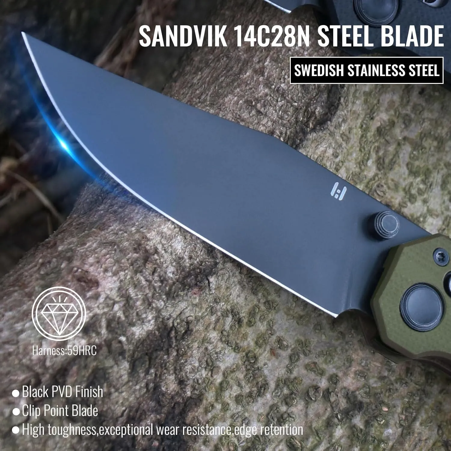 HIGHTRON Pathwright Pocket Folding Knife with 3.34"14C28N Steel Clip-Point Blade G10 Handle, Folding Knife with Clip for Men Sharp Camping Hiking Knives with Thumb Studs and Axis Lock Opener OD Green