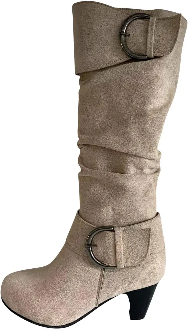 hlysgo Womens Fall Fashion 2025 Casual Slouchy Suede Boots for Women Warm Winter Waterproof Round Toe Heeled Boots & Booties