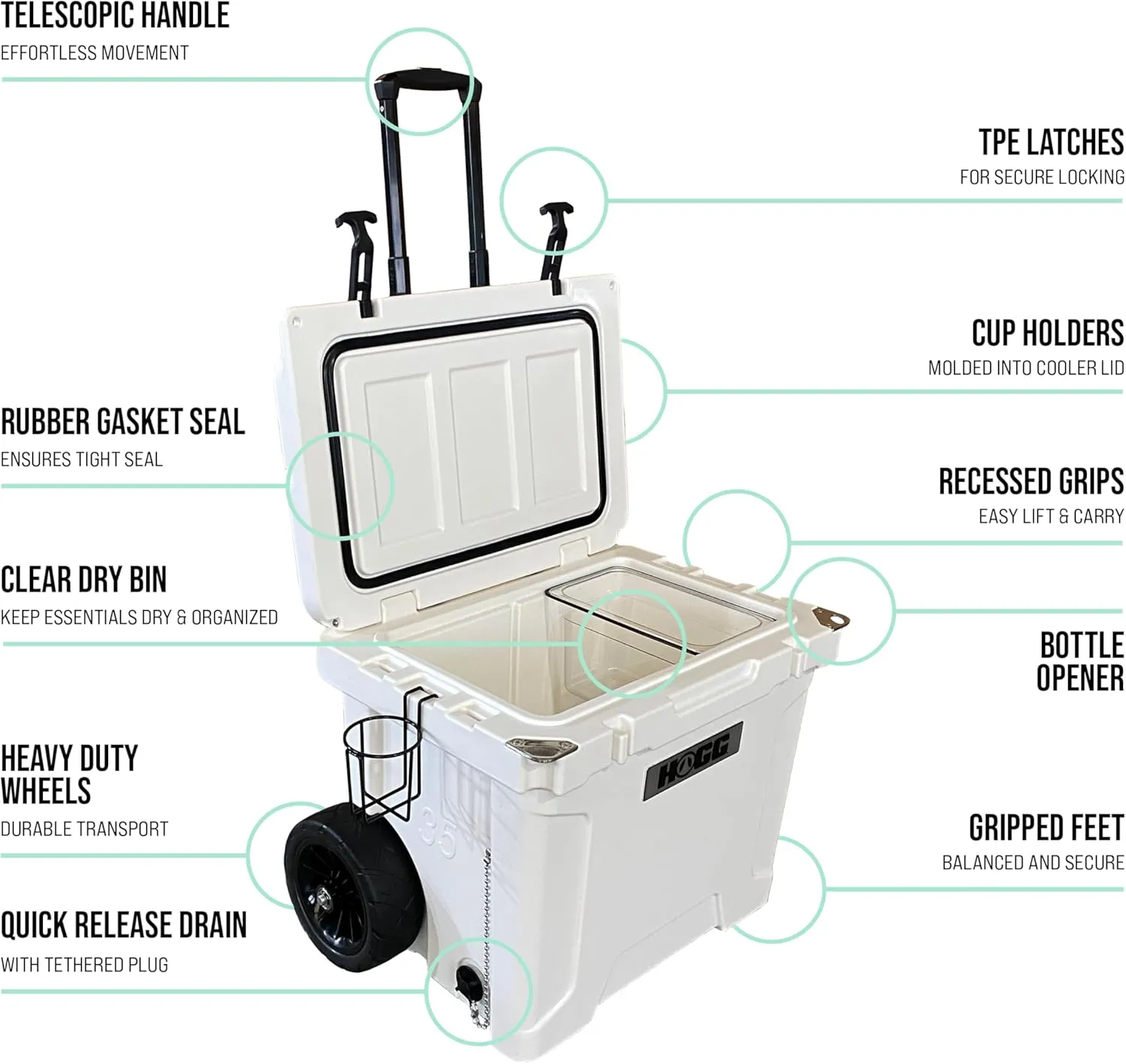 Hogg 65 qt Insulated Cooler with Wheels and Handles, Rolling Ice Chest with Wheels, Rotomolded Wheeled Coolers for Camping, Drinks, Outdoors, 65qt Blue