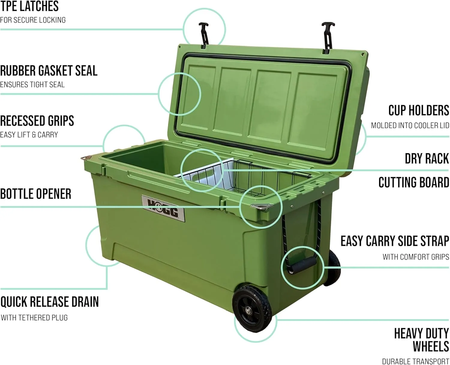 Hogg 65 qt Insulated Cooler with Wheels and Handles, Rolling Ice Chest with Wheels, Rotomolded Wheeled Coolers for Camping, Drinks, Outdoors, 65qt Blue