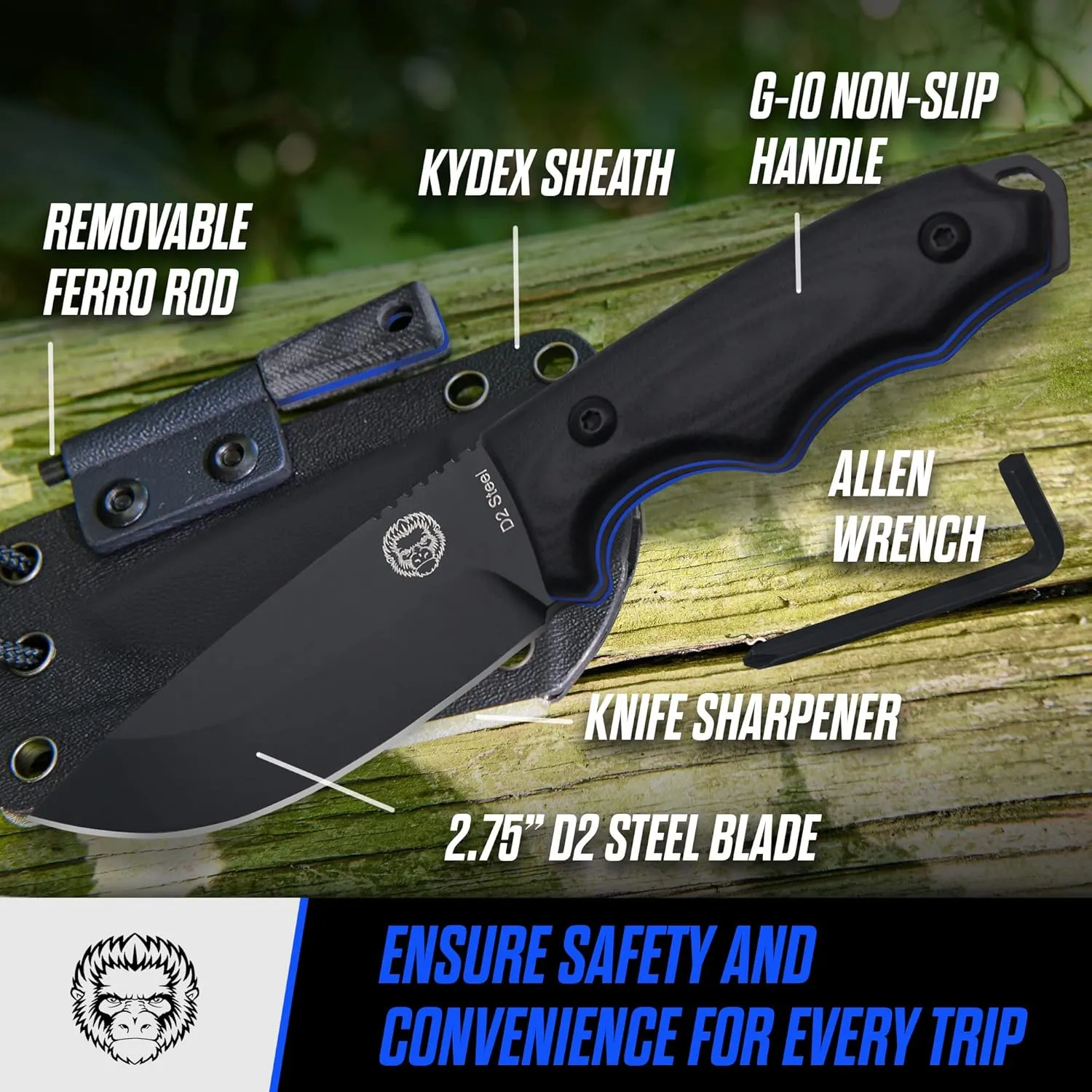 Holtzman's Gorilla Survival Baby Bloodline Fixed Blade Neck Knife with Kydex Sheath & Ferro Rod (Black Blue) - Perfect for Hiking, Camping, and EDC
