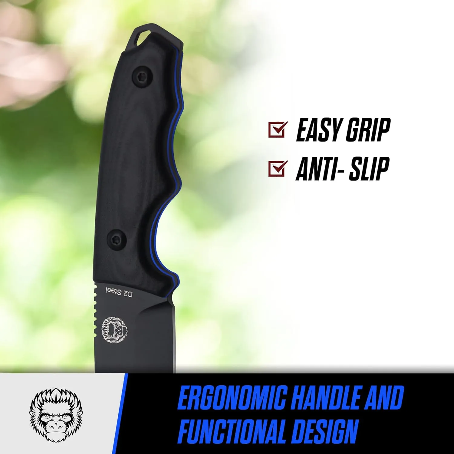 Holtzman's Gorilla Survival Baby Bloodline Fixed Blade Neck Knife with Kydex Sheath & Ferro Rod (Black Blue) - Perfect for Hiking, Camping, and EDC