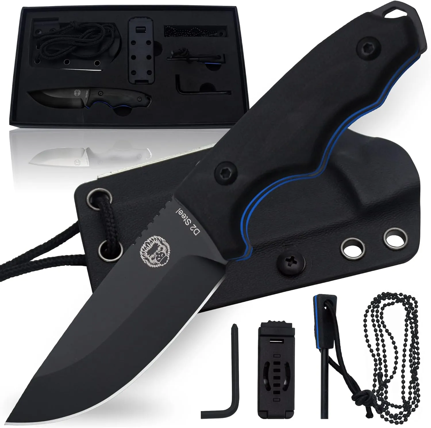 Holtzman's Gorilla Survival Baby Bloodline Fixed Blade Neck Knife with Kydex Sheath & Ferro Rod (Black Blue) - Perfect for Hiking, Camping, and EDC