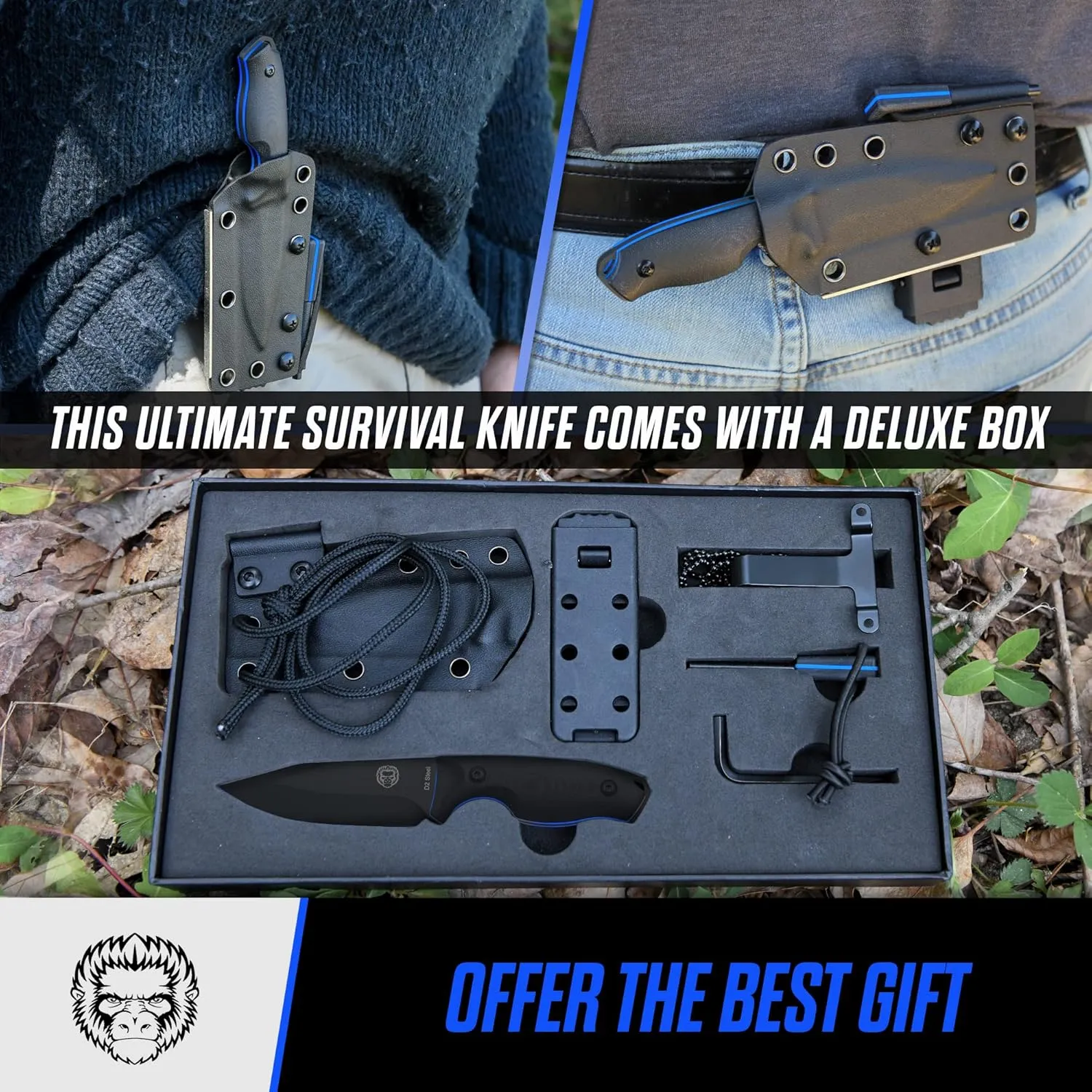 Holtzman's Gorilla Survival Baby Silverback Fixed Blade Hunting Knife with Kydex Sheath & Ferro Rod (Black Blue) - Ideal for Camping and Outdoor Adventures