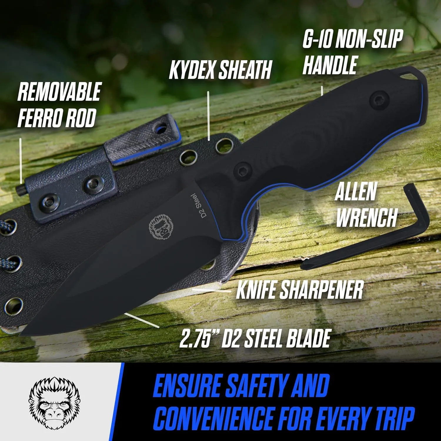 Holtzman's Gorilla Survival Baby Silverback Fixed Blade Hunting Knife with Kydex Sheath & Ferro Rod (Black Blue) - Ideal for Camping and Outdoor Adventures
