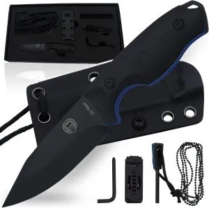 Holtzman's Gorilla Survival Baby Silverback Fixed Blade Hunting Knife with Kydex Sheath & Ferro Rod (Black Blue) - Ideal for Camping and Outdoor Adventures