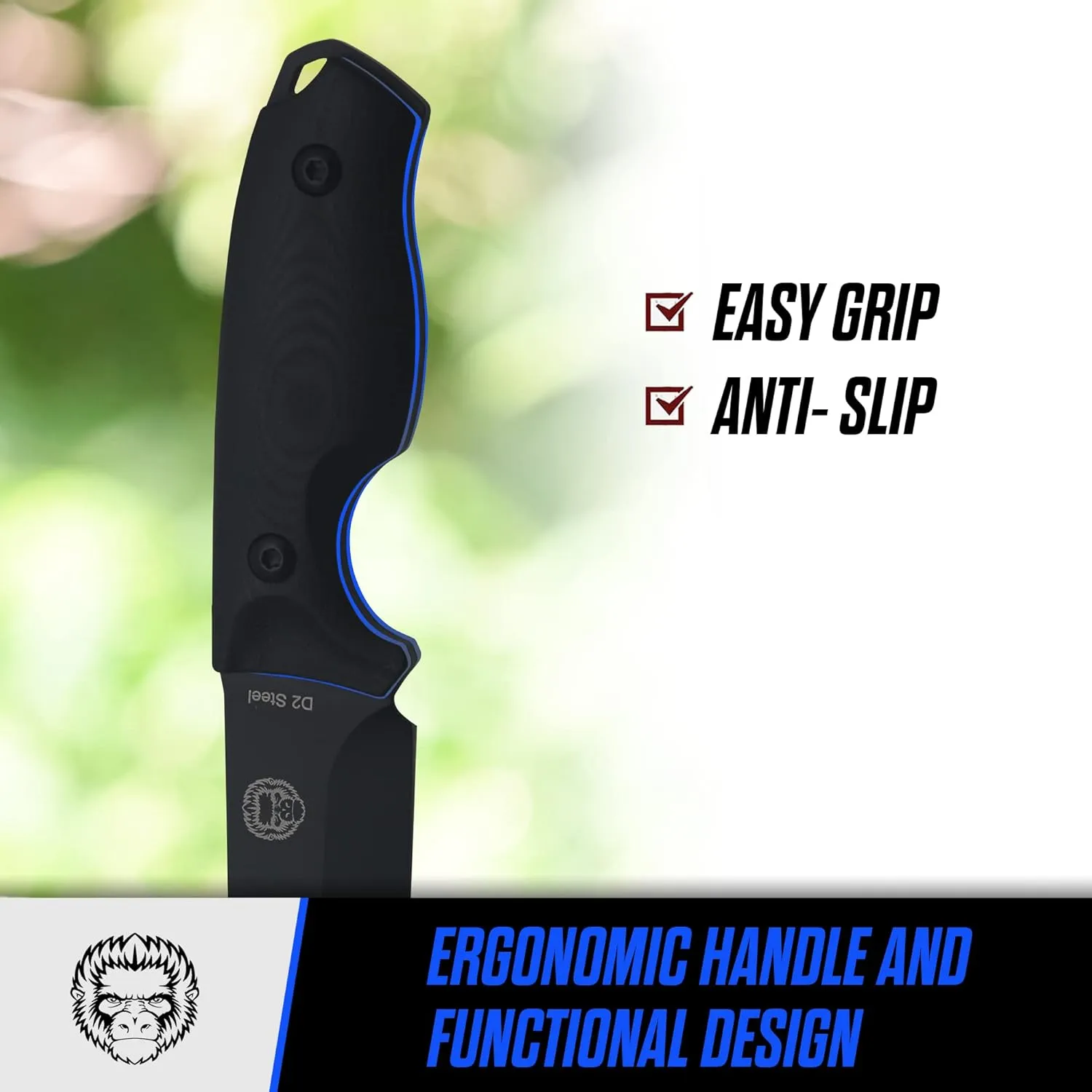 Holtzman's Gorilla Survival Baby Silverback Fixed Blade Hunting Knife with Kydex Sheath & Ferro Rod (Black Blue) - Ideal for Camping and Outdoor Adventures