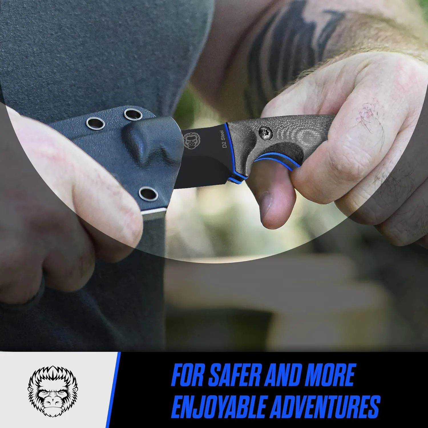 Holtzman's Gorilla Survival Baby Silverback Fixed Blade Hunting Knife with Kydex Sheath & Ferro Rod (Black Blue) - Ideal for Camping and Outdoor Adventures