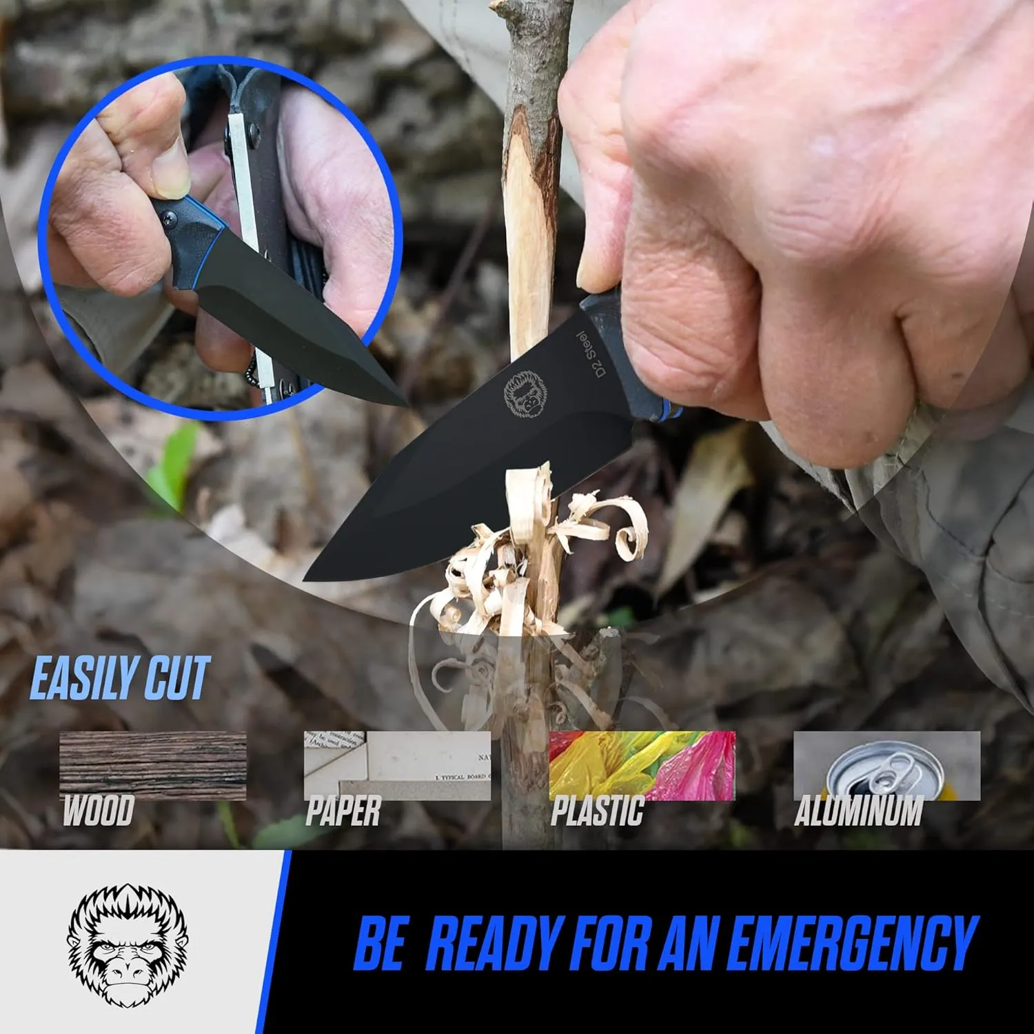 Holtzman's Gorilla Survival Baby Silverback Fixed Blade Hunting Knife with Kydex Sheath & Ferro Rod (Black Blue) - Ideal for Camping and Outdoor Adventures