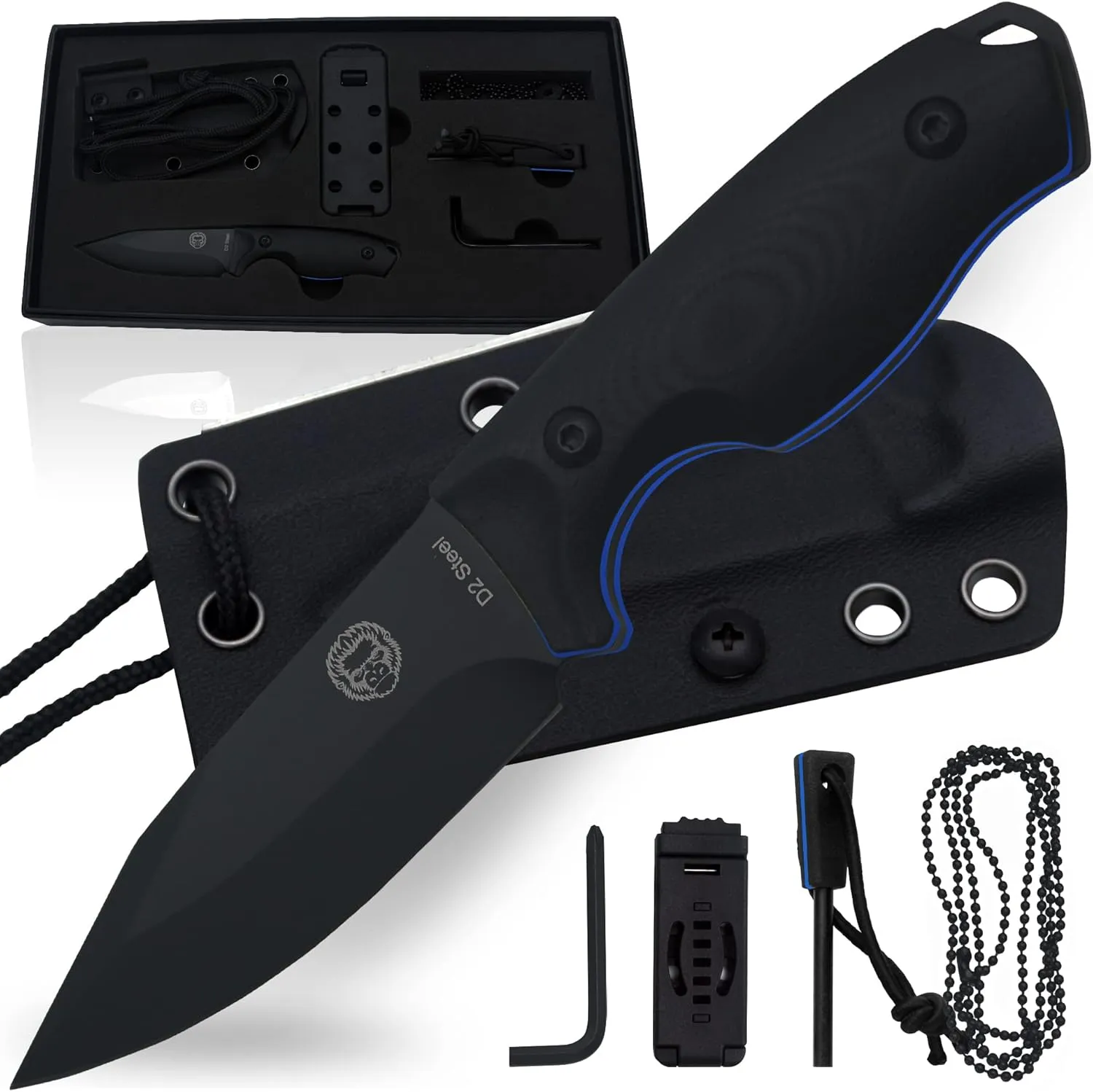 Holtzman's Gorilla Survival Baby Silverback Fixed Blade Hunting Knife with Kydex Sheath & Ferro Rod (Black Blue) - Ideal for Camping and Outdoor Adventures