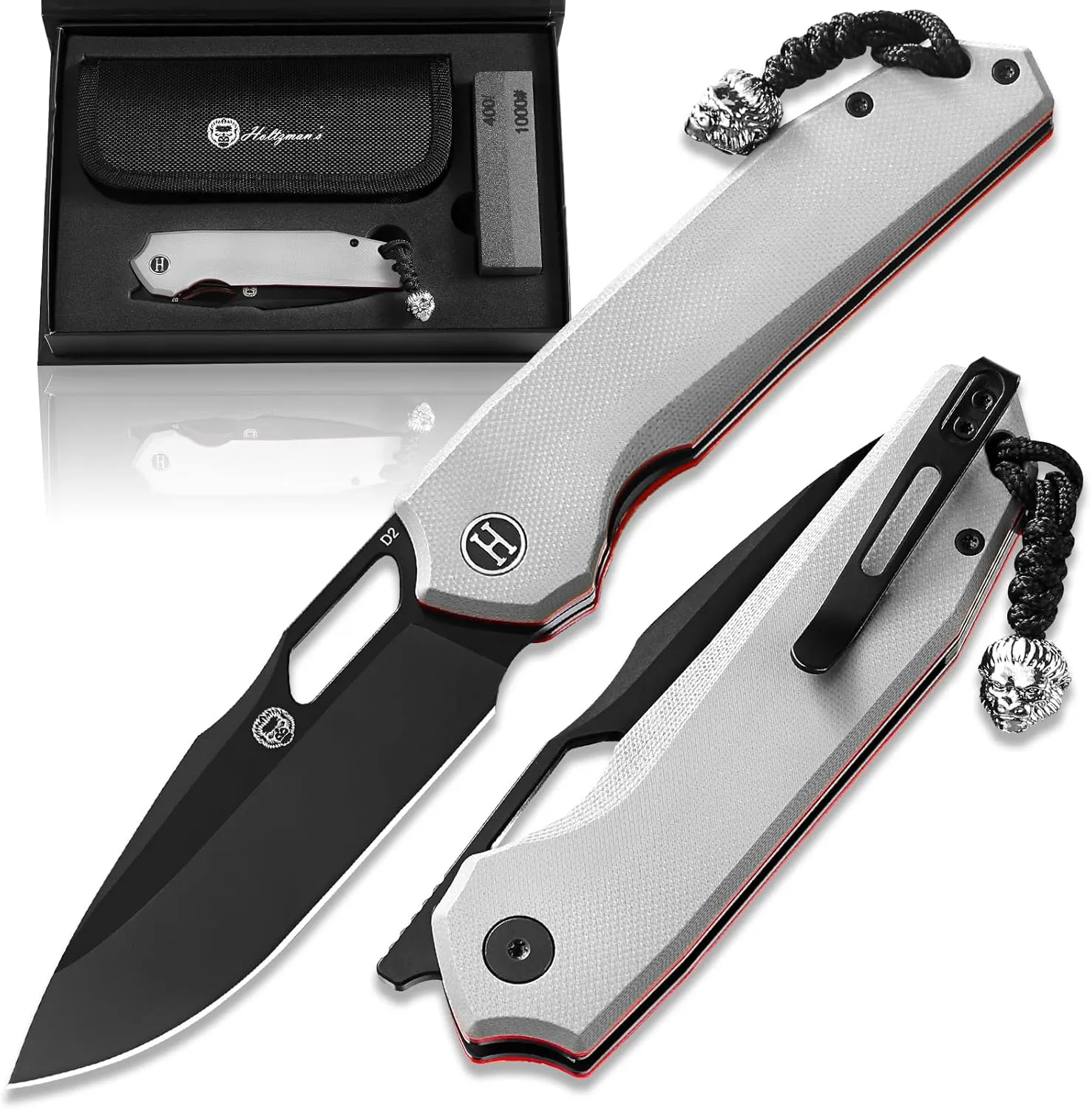 Holtzman's Gorilla Survival Folding Pocket Knife for Men with D2 Steel Blade and G10 Handle - Perfect for Everyday Carry - EDC Gift Set (Black   Dark Grey/Red Liner)