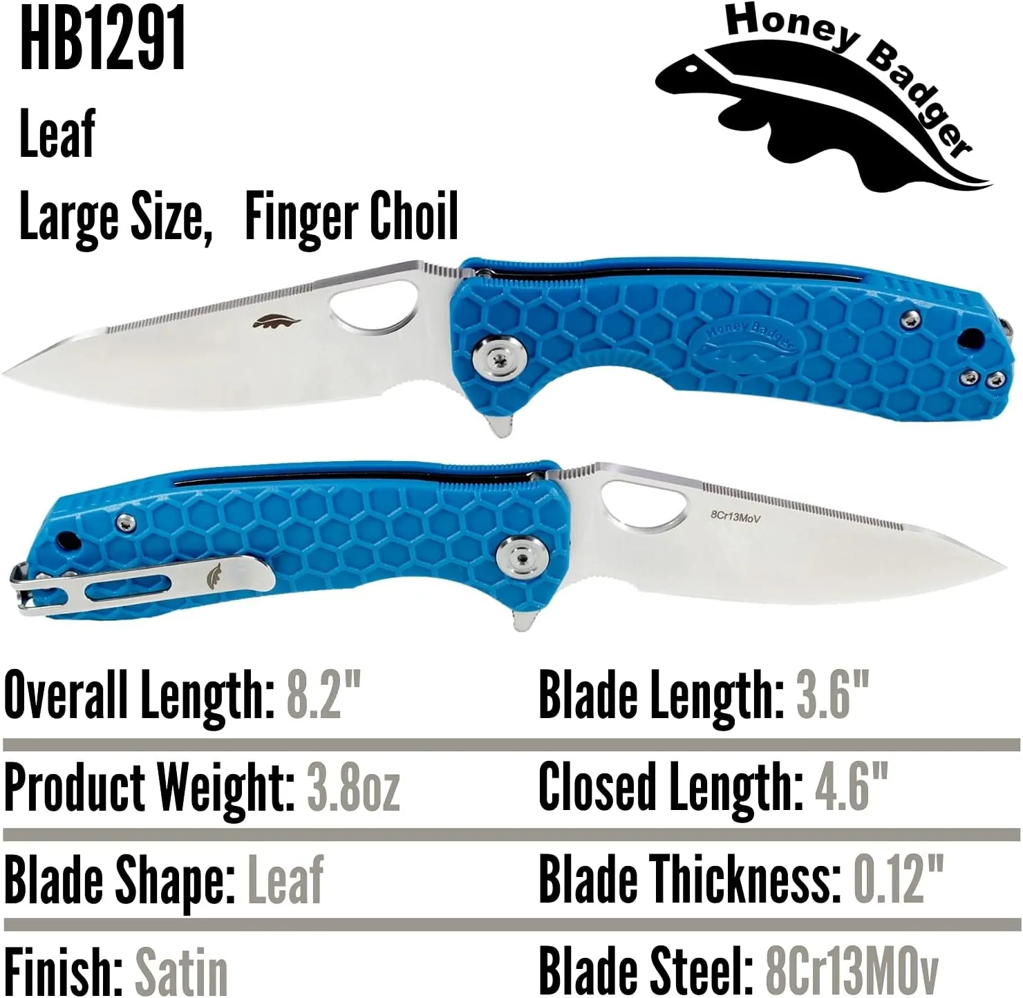 Honey Badger Large Blue Leaf Pocket Knife - 3.63" Blade Fiberglass-Reinforced Nylon Handle Ambidextrous Clip 3.8oz
