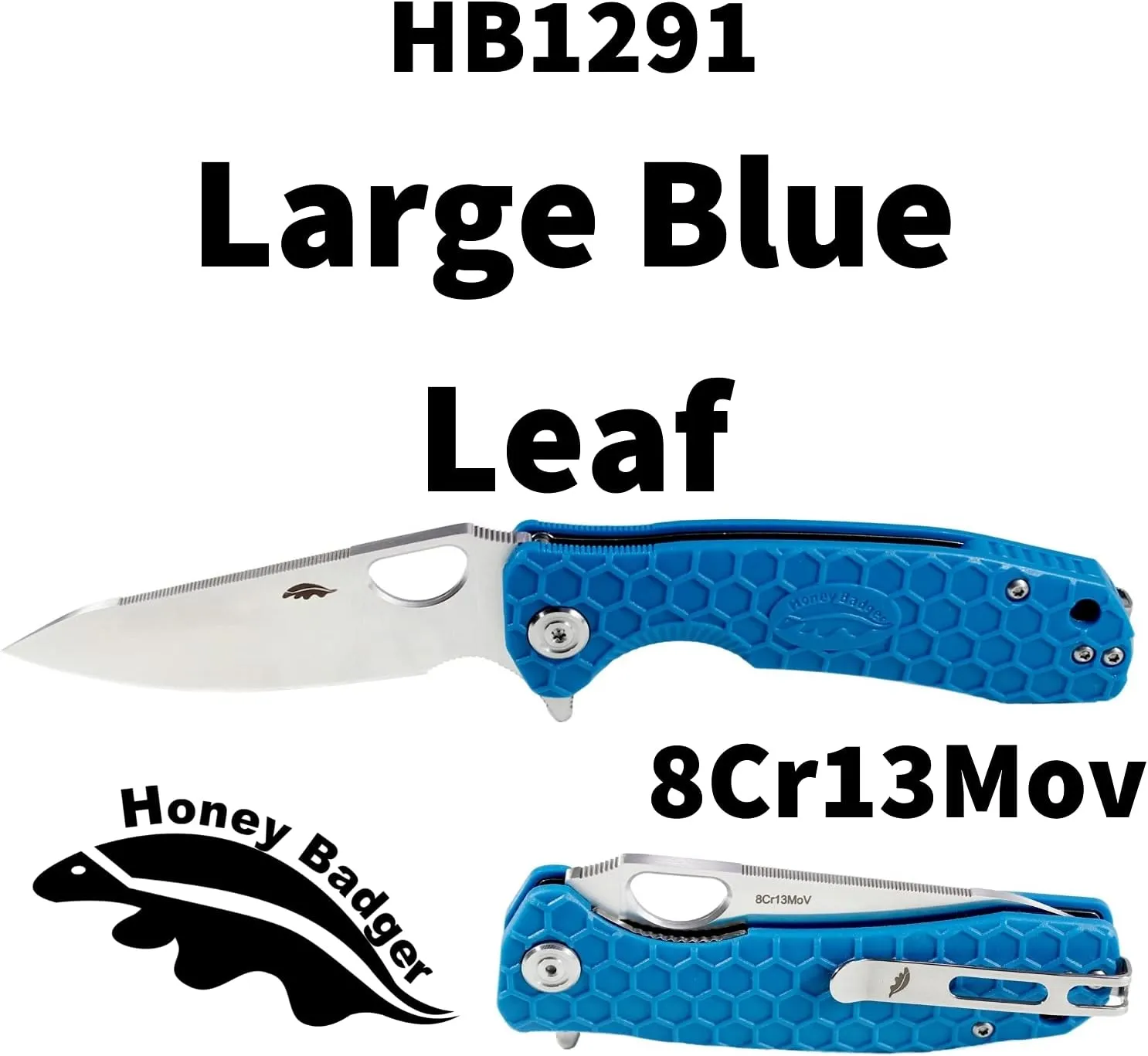 Honey Badger Large Blue Leaf Pocket Knife - 3.63" Blade Fiberglass-Reinforced Nylon Handle Ambidextrous Clip 3.8oz
