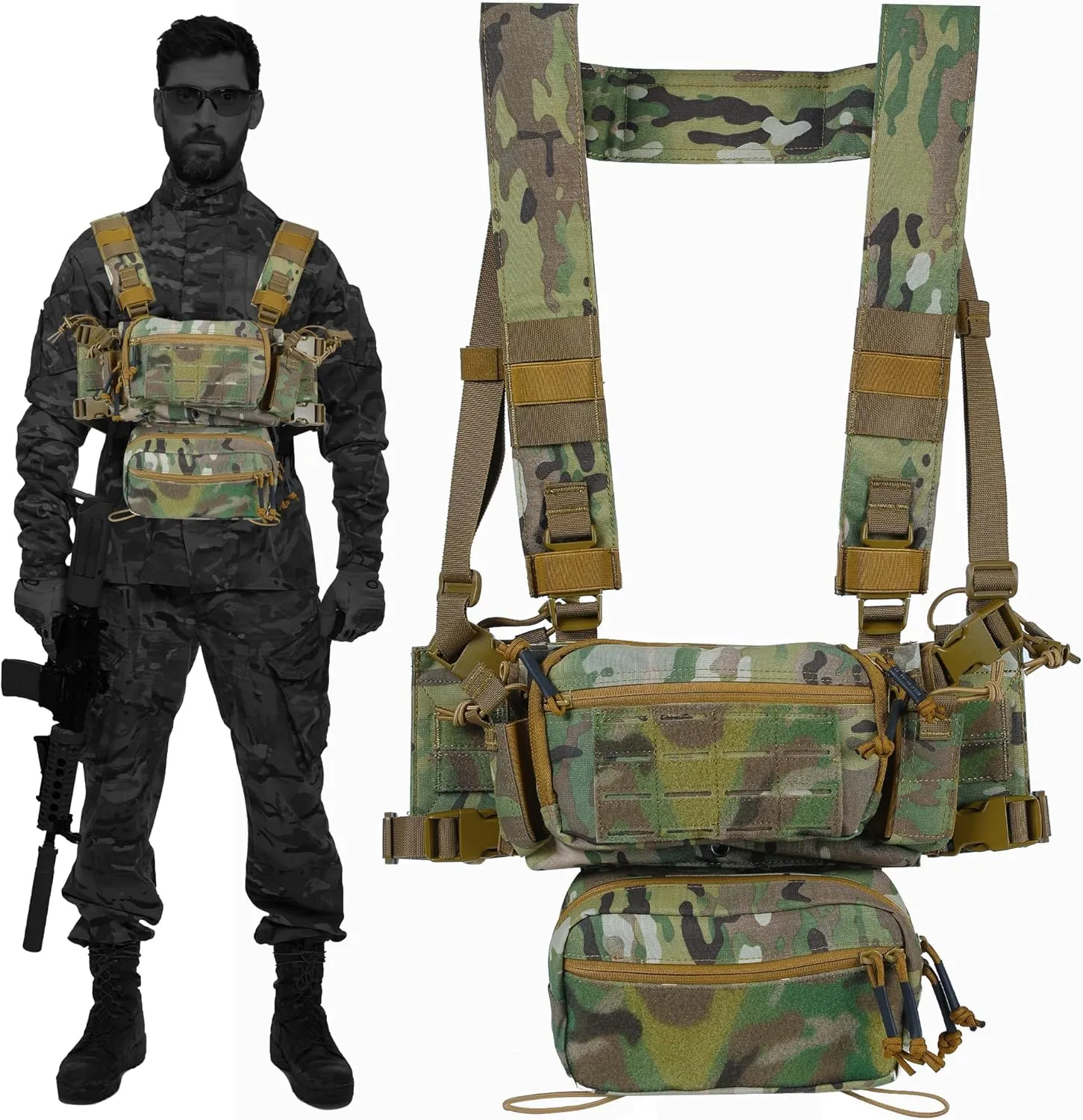 Houseables Molle Vest, Multicam Chest Rig, Load Bearing Vest, FLC, Army FLC, H Harness Chest Rig, Smersh, SMG, Airsoft, LBV, Micro, Mag, Tactical Pack for Hunting, Military, 5.56/7.62