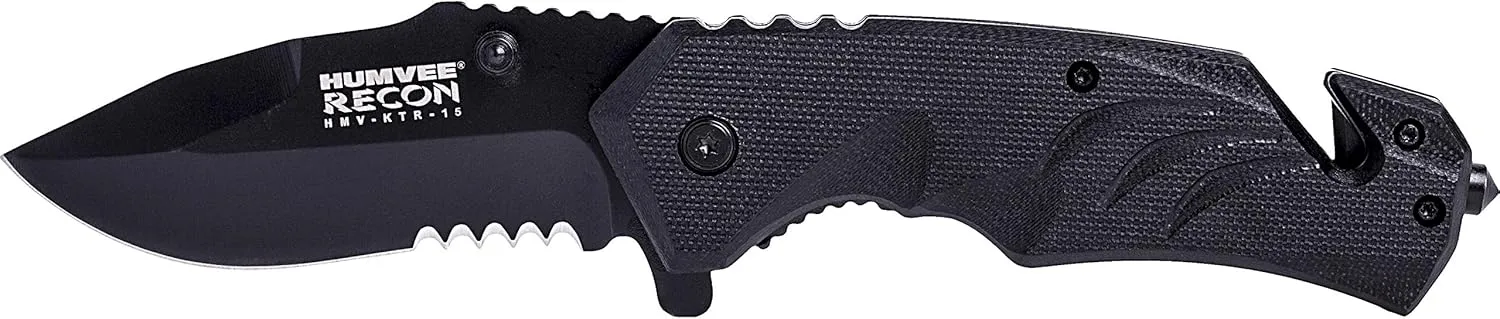 Humvee HMV-KTR-15 Recon 15 Folding Knife with Partially Serrated Stainless Steel Blade and Metal Pocket Clip, Black
