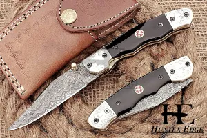 HUNTEX Custom Handmade Hand-Forged Rain Drop Pattern Damascus Steel 4 Inch Long Natural Buffalo Horn Handle Razor Sharp Camping Hunting Folding Pocket Hunter's Choice Knife with Genuine Leather Pouch