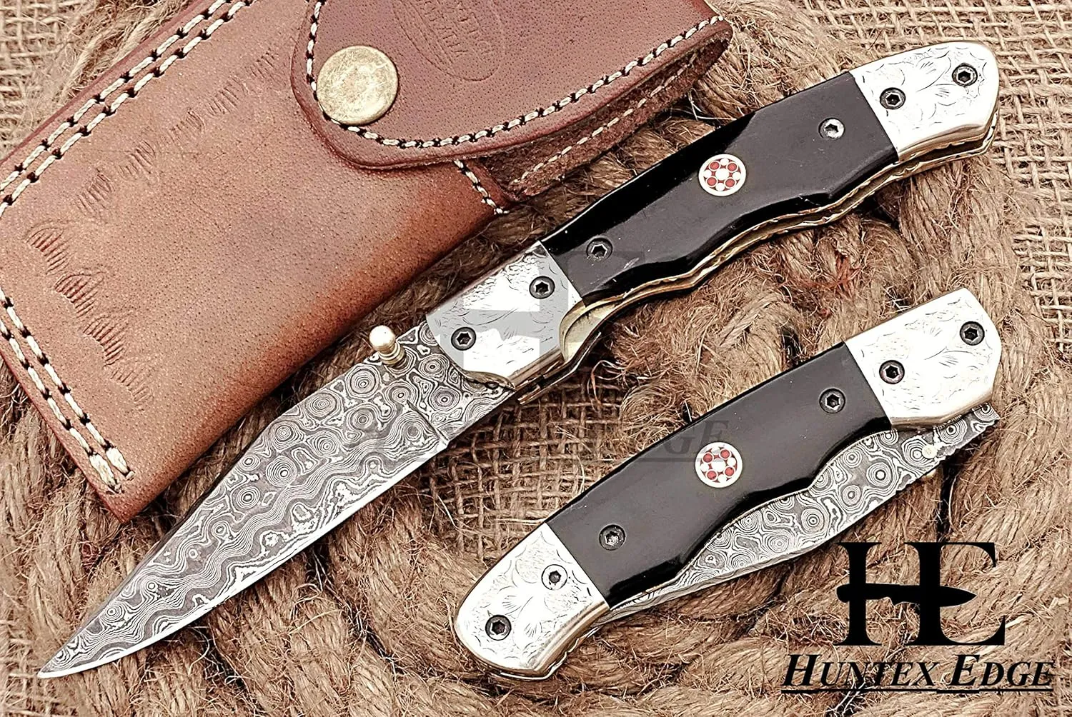 HUNTEX Custom Handmade Hand-Forged Rain Drop Pattern Damascus Steel 4 Inch Long Natural Buffalo Horn Handle Razor Sharp Camping Hunting Folding Pocket Hunter's Choice Knife with Genuine Leather Pouch