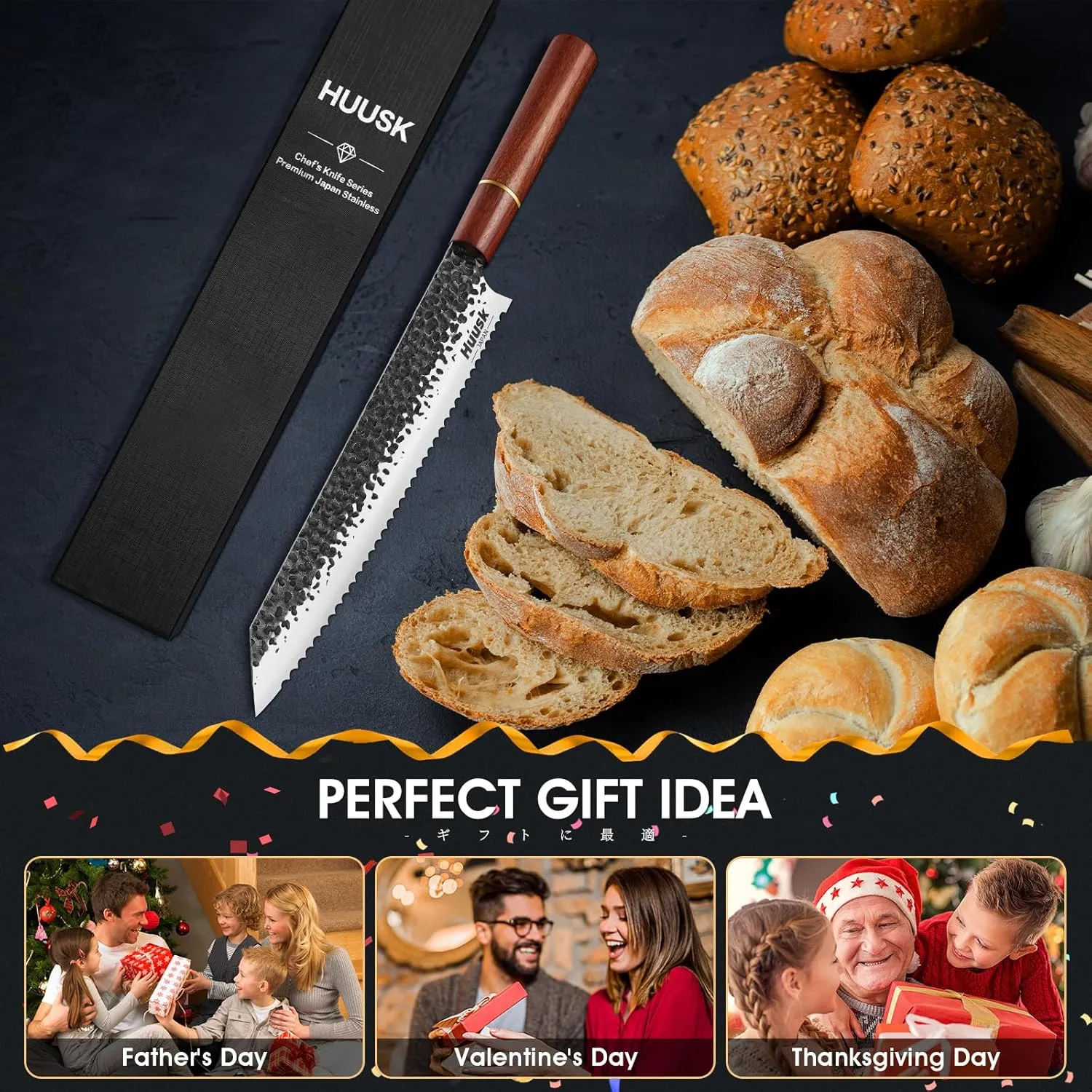 Huusk Japanese Bread Knife, 9.7 Inch Long Serrated Bread Knife, Lightweight Slicing Bread Knife for Cutting Homemade Sourdough Bread, Serrated Knife with Gift Box